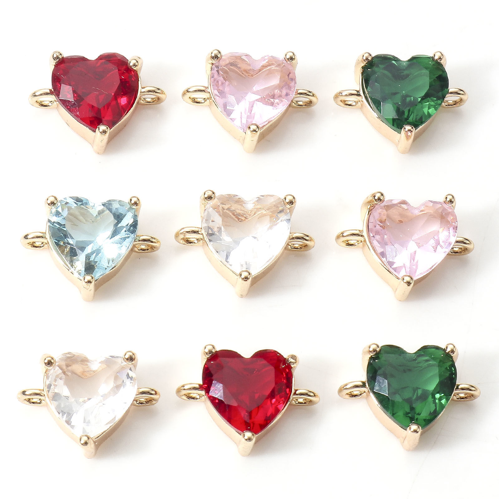 Imagen de Latón día de San Valentín Conectores Dijes Colgantes Corazón 18K Oro Real Chapado Multicolor Circón Artificial 11mm x 8mm, 2 Unidades