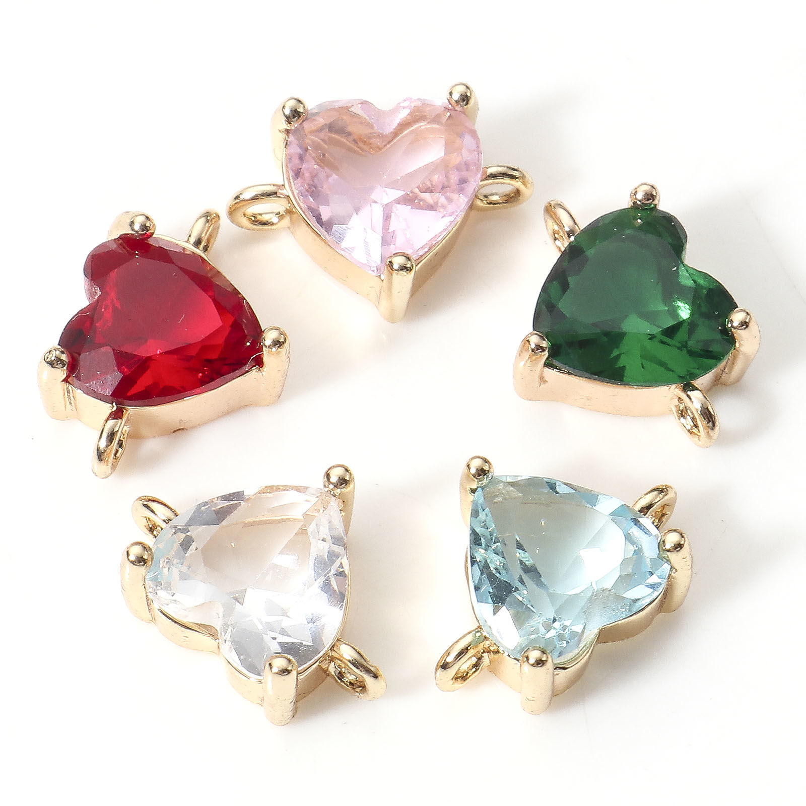 Imagen de Latón día de San Valentín Conectores Dijes Colgantes Corazón 18K Oro Real Chapado Multicolor Circón Artificial 11mm x 8mm, 2 Unidades