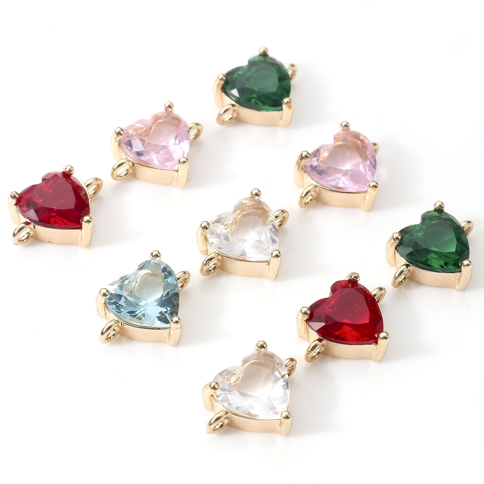 Imagen de Latón día de San Valentín Conectores Dijes Colgantes Corazón 18K Oro Real Chapado Multicolor Circón Artificial 11mm x 8mm, 2 Unidades
