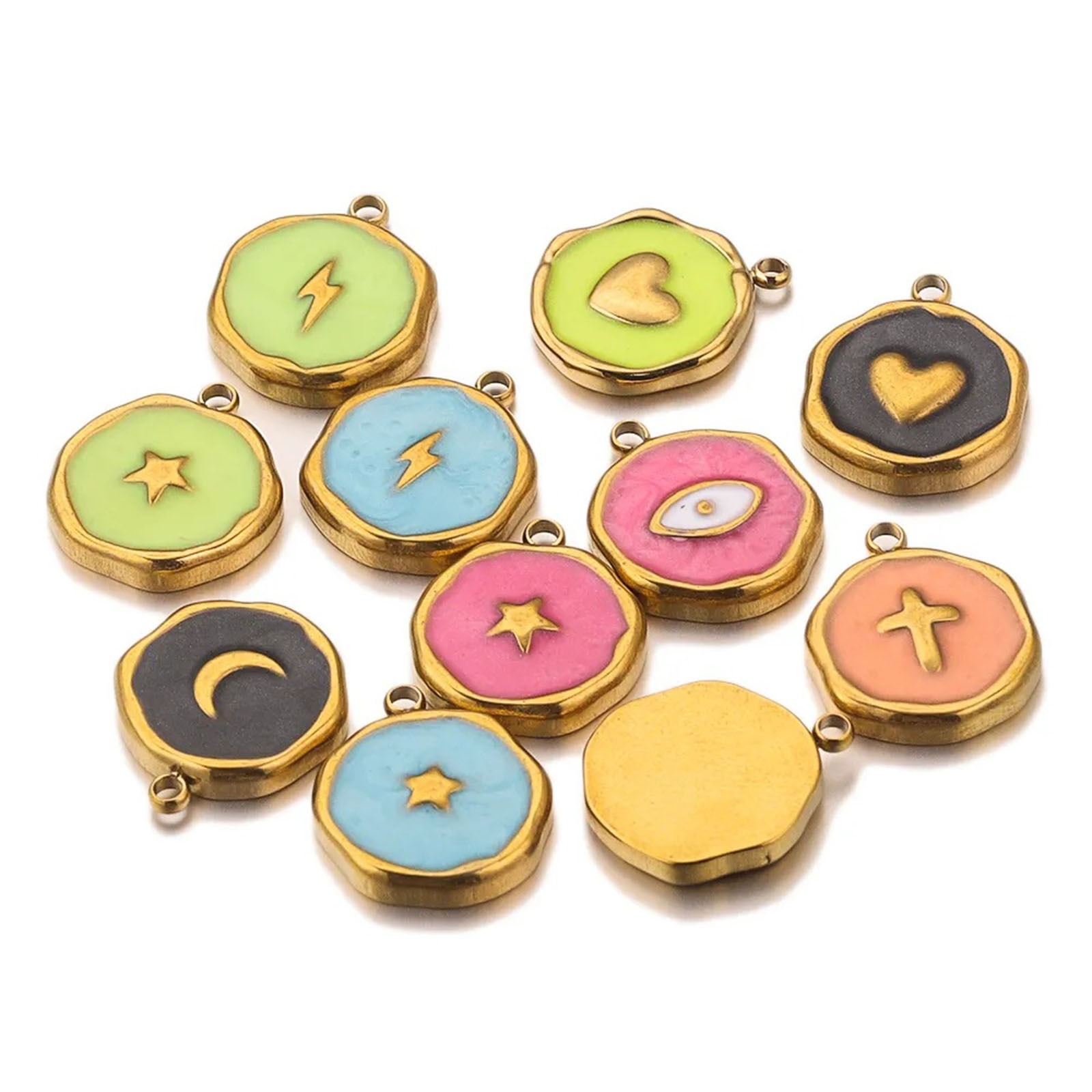 Imagen de 304 Acero Inoxidable Colgantes Charms Ronda Chapado en Oro Esmalte 13mm x 16mm, 2 Unidades