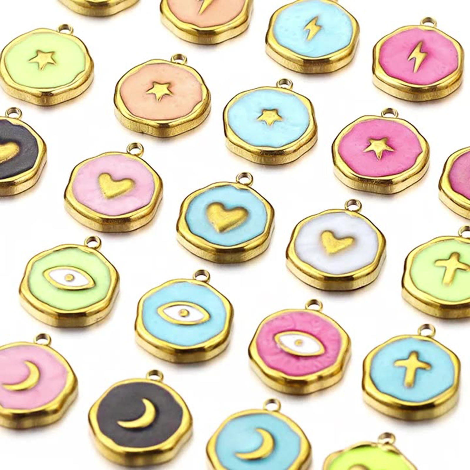 Imagen de 304 Acero Inoxidable Colgantes Charms Ronda Chapado en Oro Esmalte 13mm x 16mm, 2 Unidades
