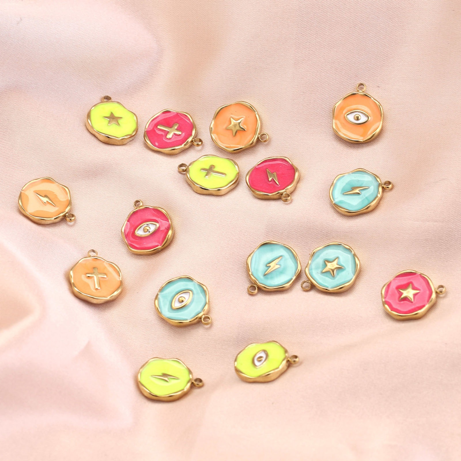 Imagen de 304 Acero Inoxidable Colgantes Charms Ronda Chapado en Oro Esmalte 13mm x 16mm, 2 Unidades