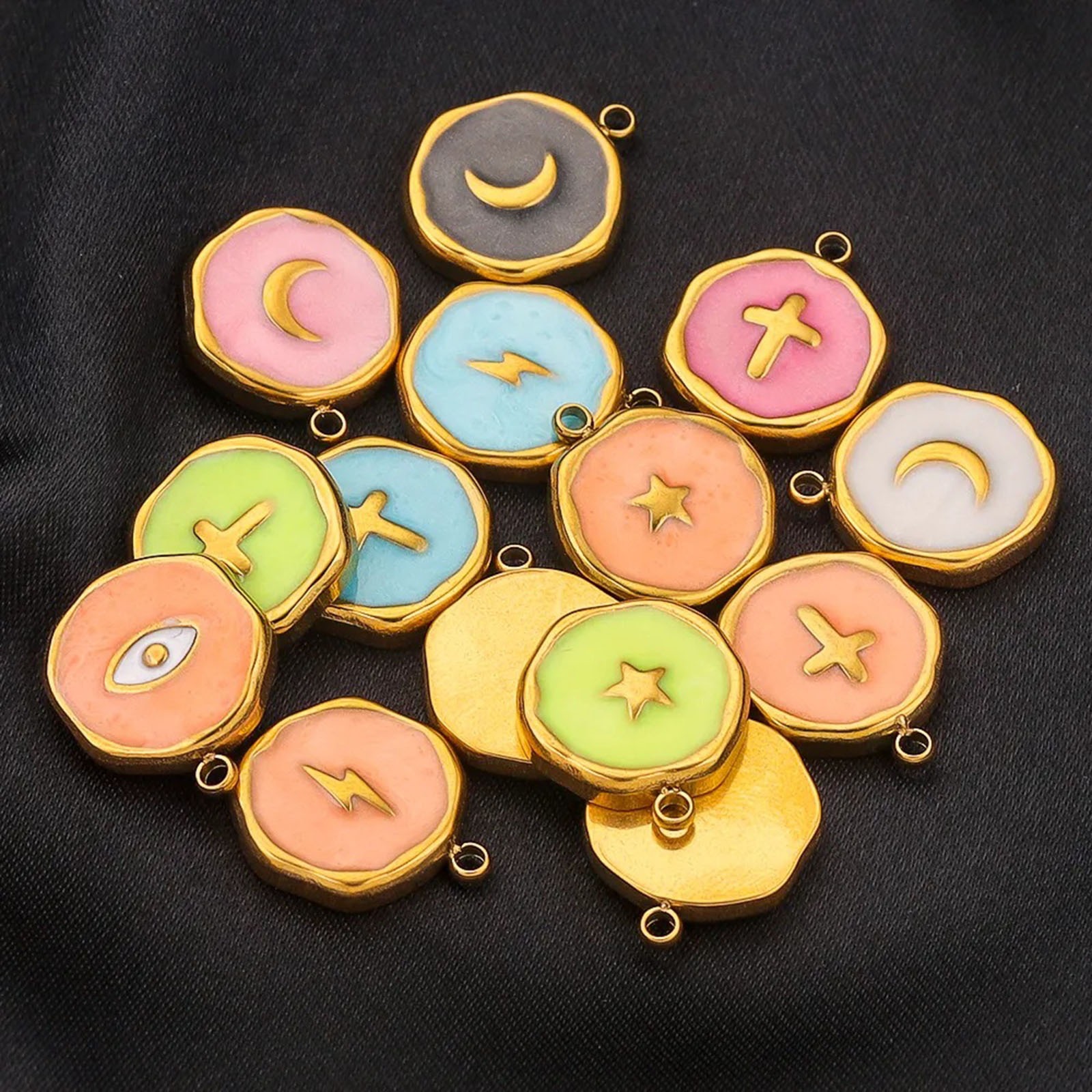 Imagen de 304 Acero Inoxidable Colgantes Charms Ronda Chapado en Oro Esmalte 13mm x 16mm, 2 Unidades