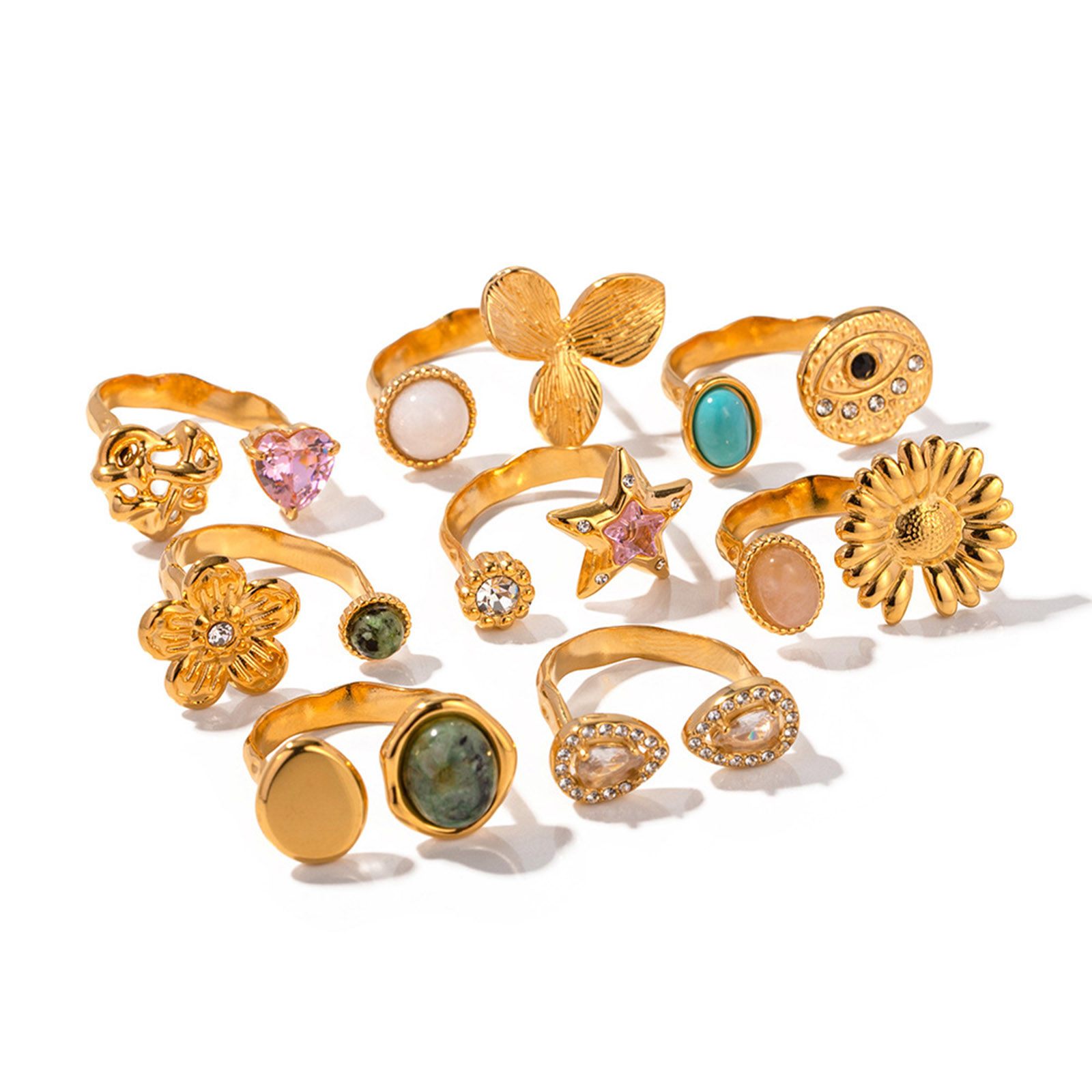 Picture of Eco-friendly Vacuum Plating Stylish Retro 18K Real Gold Plated 304 Stainless Steel Open Round Flower Rings For Women Anniversary