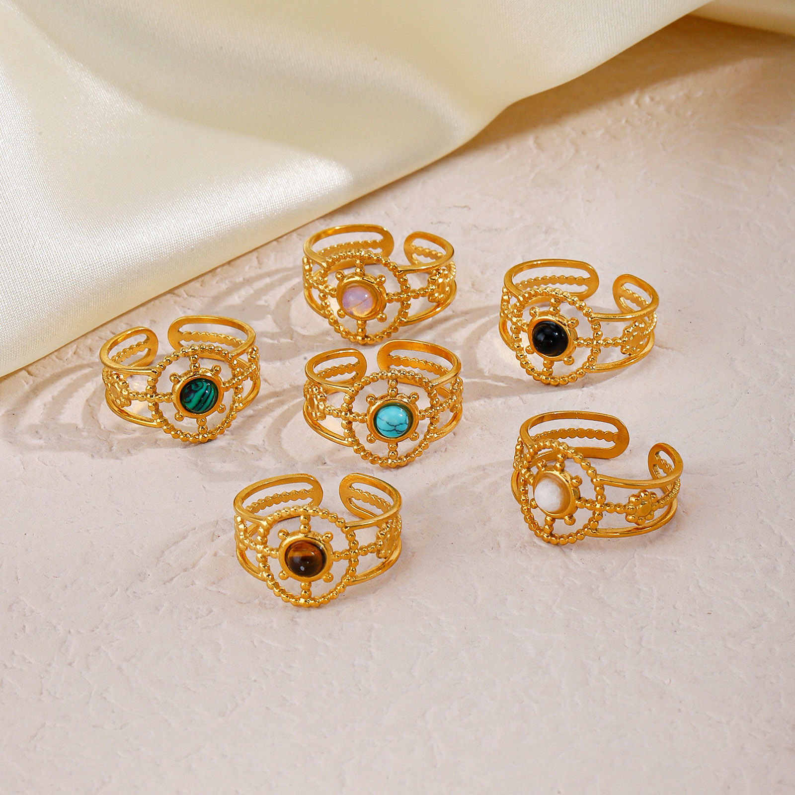 Picture of Eco-friendly Vacuum Plating Natural Pastoral Boho Chic Bohemia 18K Gold Plated 304 Stainless Steel & Stone Open Sunflower Hollow Rings For Women Party