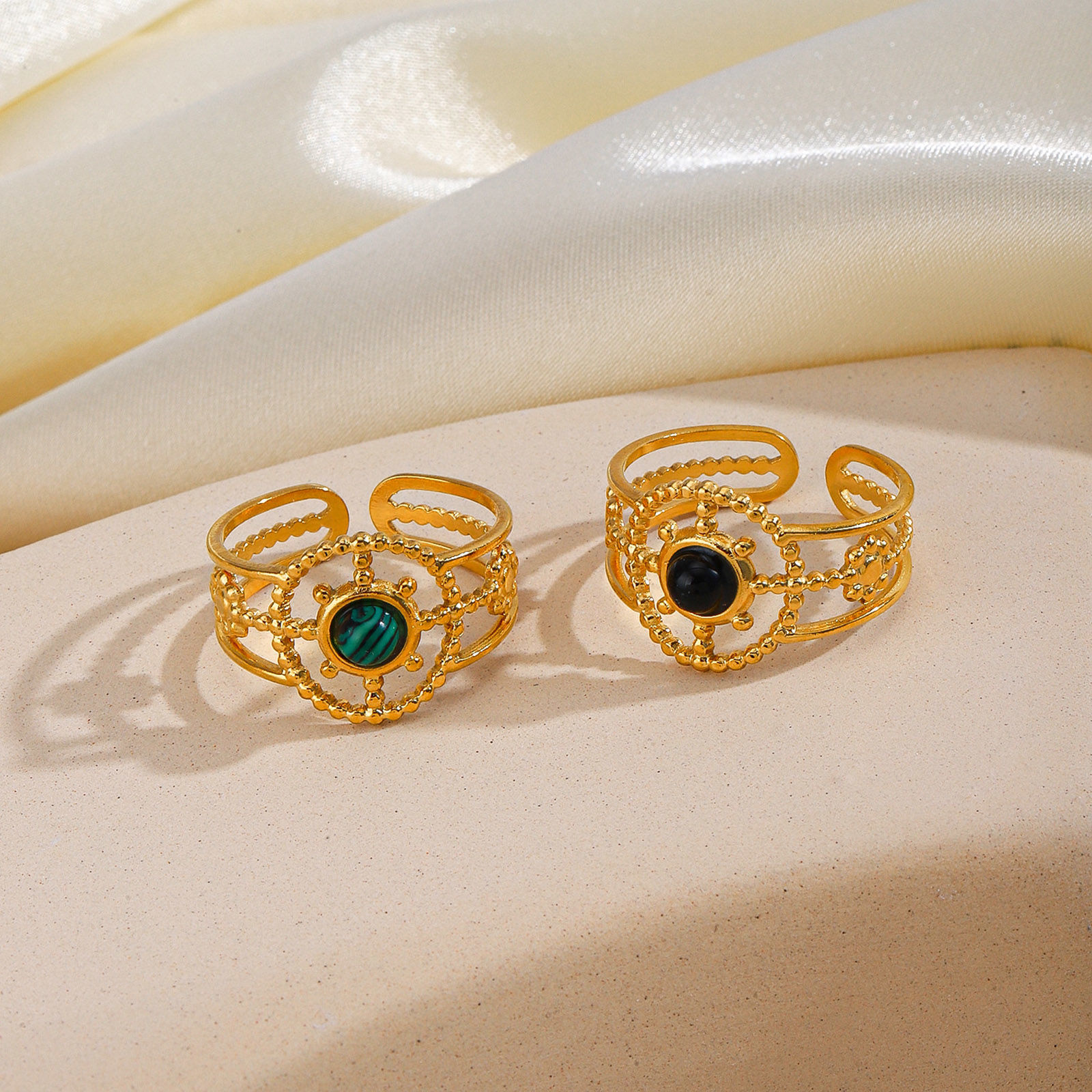 Picture of Eco-friendly Vacuum Plating Natural Pastoral Boho Chic Bohemia 18K Gold Plated 304 Stainless Steel & Stone Open Sunflower Hollow Rings For Women Party