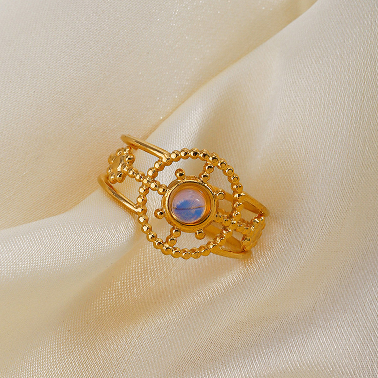 Picture of Eco-friendly Vacuum Plating Natural Pastoral Boho Chic Bohemia 18K Gold Plated 304 Stainless Steel & Stone Open Sunflower Hollow Rings For Women Party