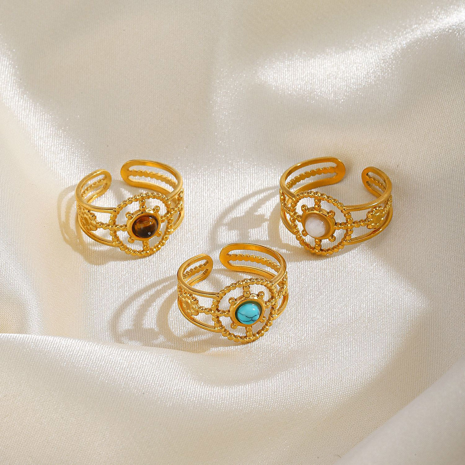 Picture of Eco-friendly Vacuum Plating Natural Pastoral Boho Chic Bohemia 18K Gold Plated 304 Stainless Steel & Stone Open Sunflower Hollow Rings For Women Party