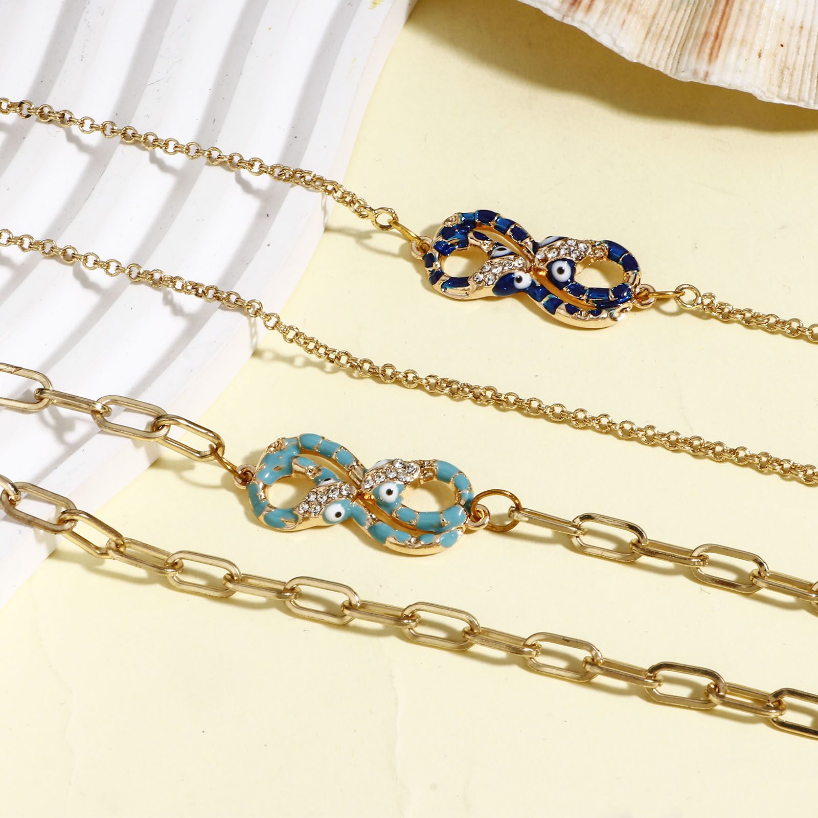 Image de Connecteurs Pendentifs Breloques Religieux en Alliage de Zinc Doré Multicolore Symbole"Infini" Œil Mauvais Émail 3.3cm x 1.3cm, 5 Pcs