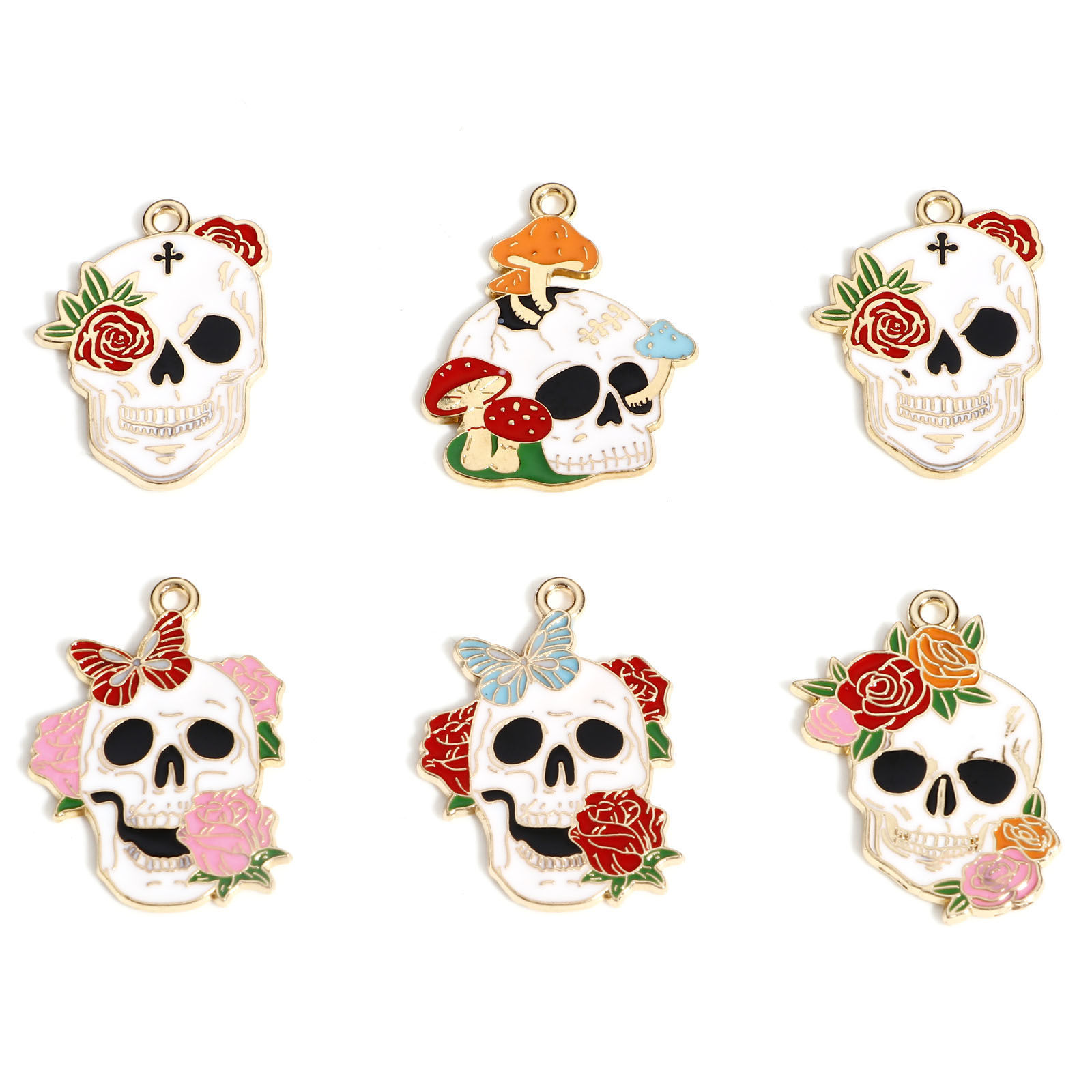 Immagine di Lega di Zinco Halloween Ciondoli Oro Placcato Multicolore Cranio Fiore Smalto 10 Pz
