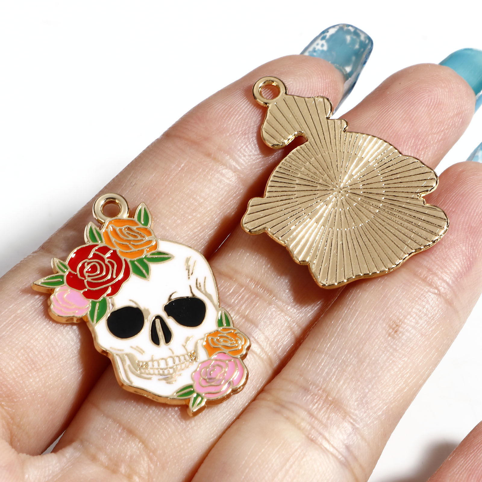 Immagine di Lega di Zinco Halloween Ciondoli Oro Placcato Multicolore Cranio Fiore Smalto 10 Pz