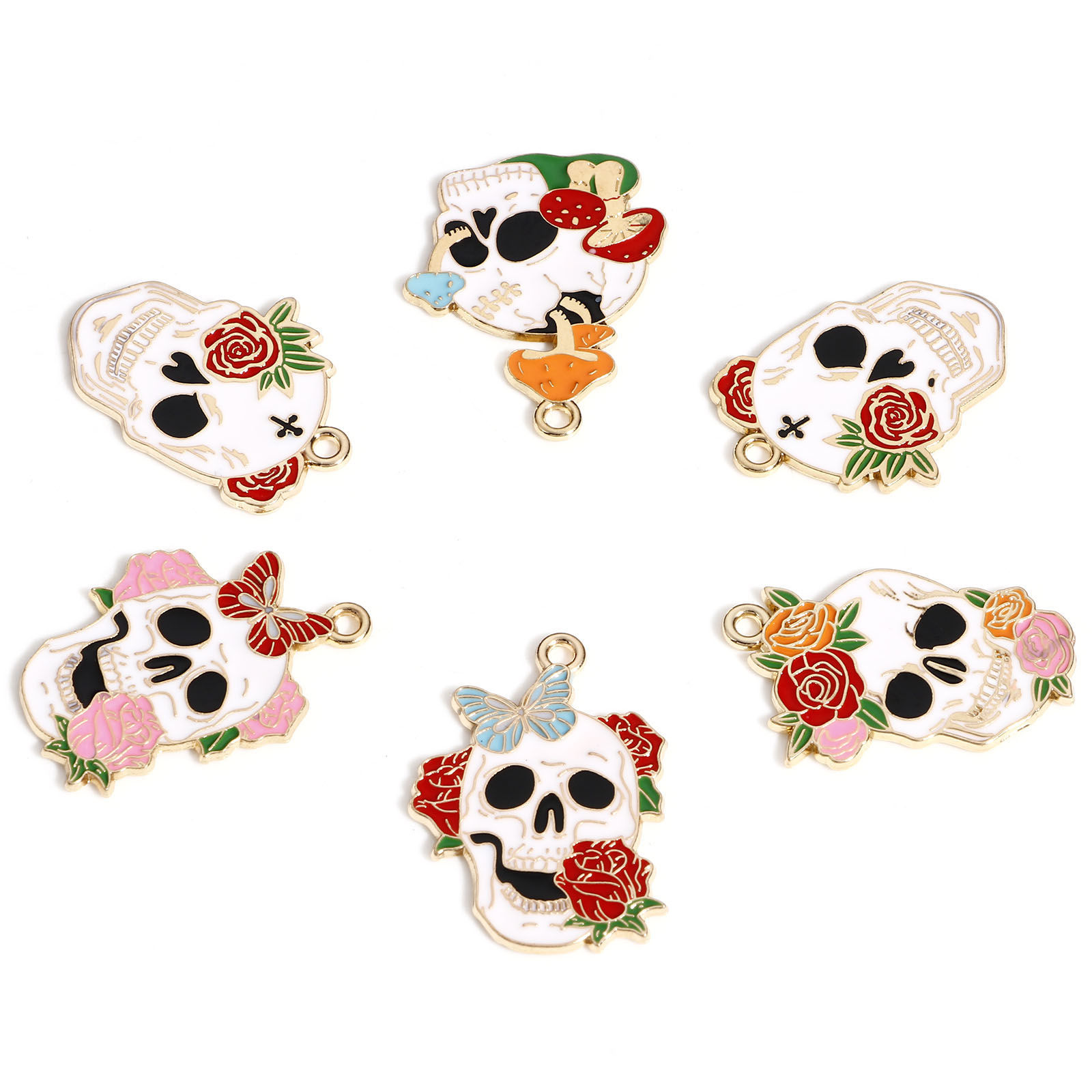 Immagine di Lega di Zinco Halloween Ciondoli Oro Placcato Multicolore Cranio Fiore Smalto 10 Pz