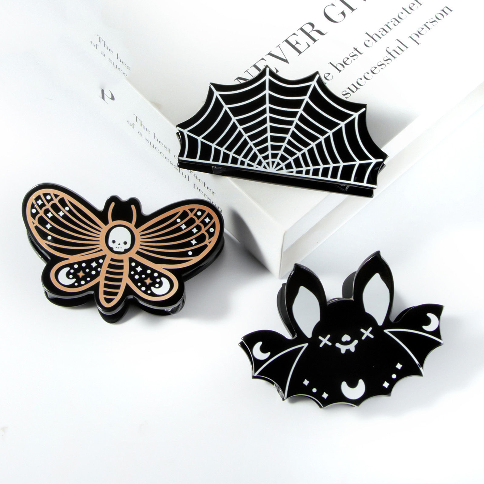 Picture of Acrylic Cute Hair Claw Clips Clamps Multicolor Halloween Bat Animal Halloween Cobweb
