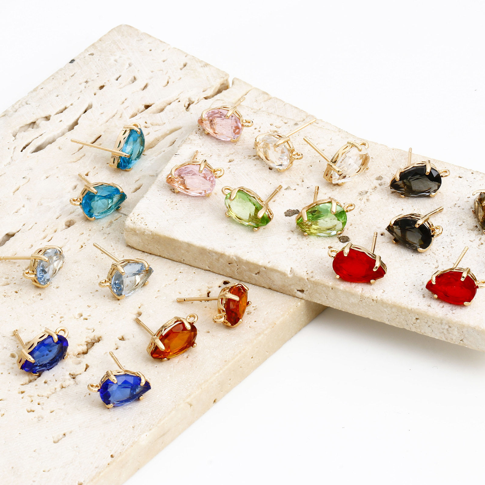 Image de Boucles d'Oreilles Puces en Laiton+Verre Doré Multicolore Goutte d'Eau avec Boucle 14mm x 8mm, Epaisseur de Fil: (20 gauge), 2 Pcs