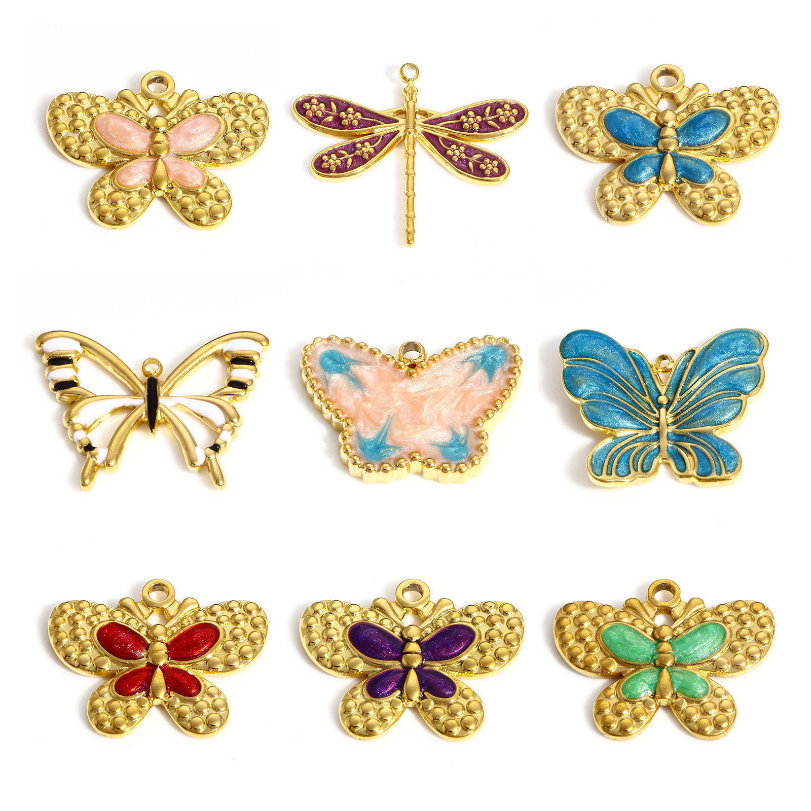 Picture of 304 Stainless Steel Insect Charms 18K Gold Color Multicolor Dragonfly Animal Butterfly Enamel