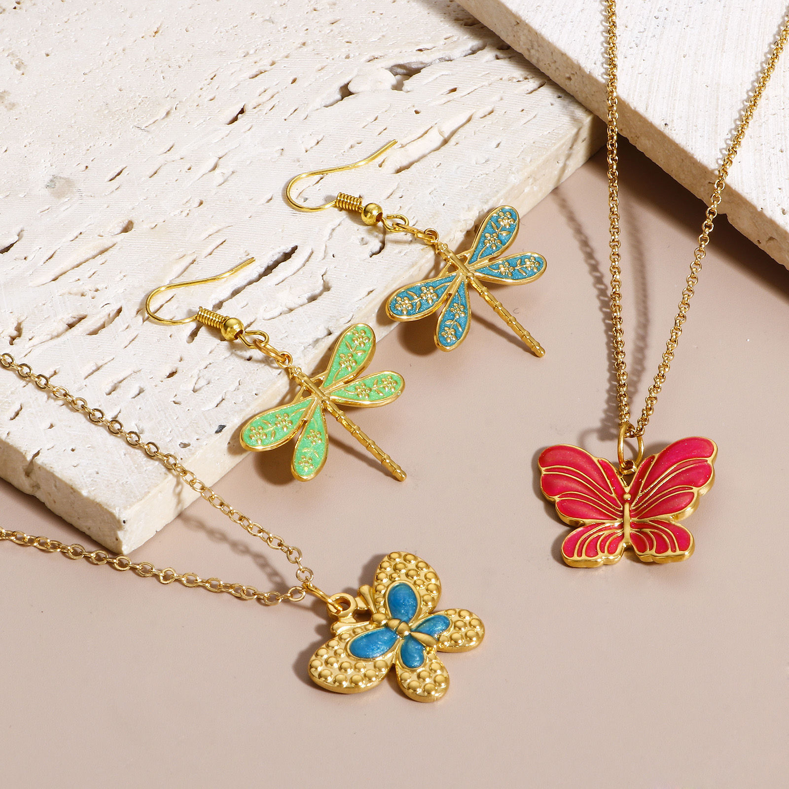 Picture of 304 Stainless Steel Insect Charms 18K Gold Color Multicolor Dragonfly Animal Butterfly Enamel