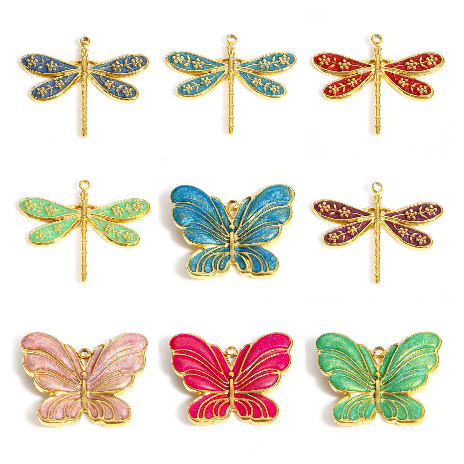 Picture of 304 Stainless Steel Insect Charms 18K Gold Color Multicolor Dragonfly Animal Butterfly Enamel