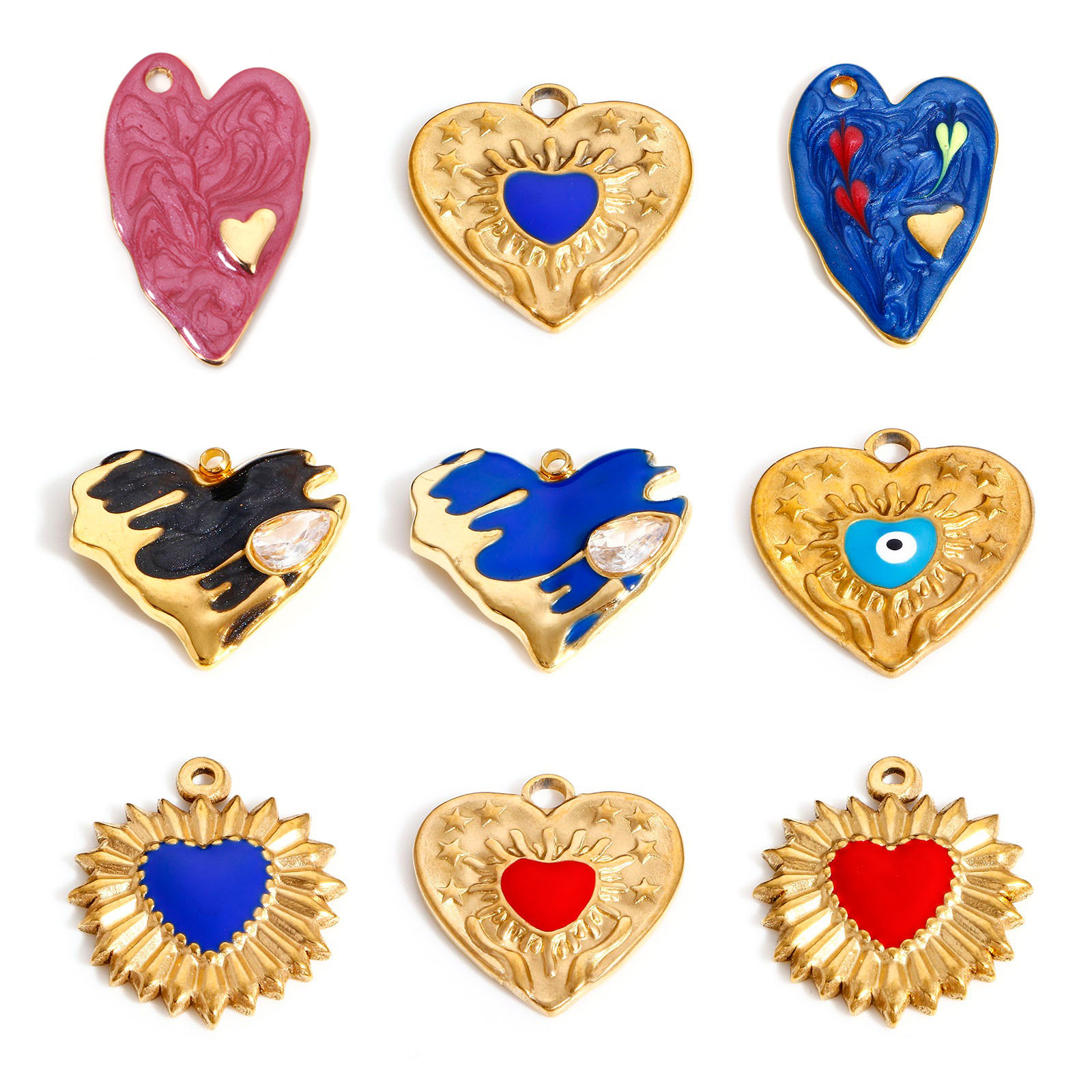 Image de Breloques en 304 Acier Inoxydable La Saint Valentin Cœur Doré Multicolore Œil Mauvais Émail 1 Pièce