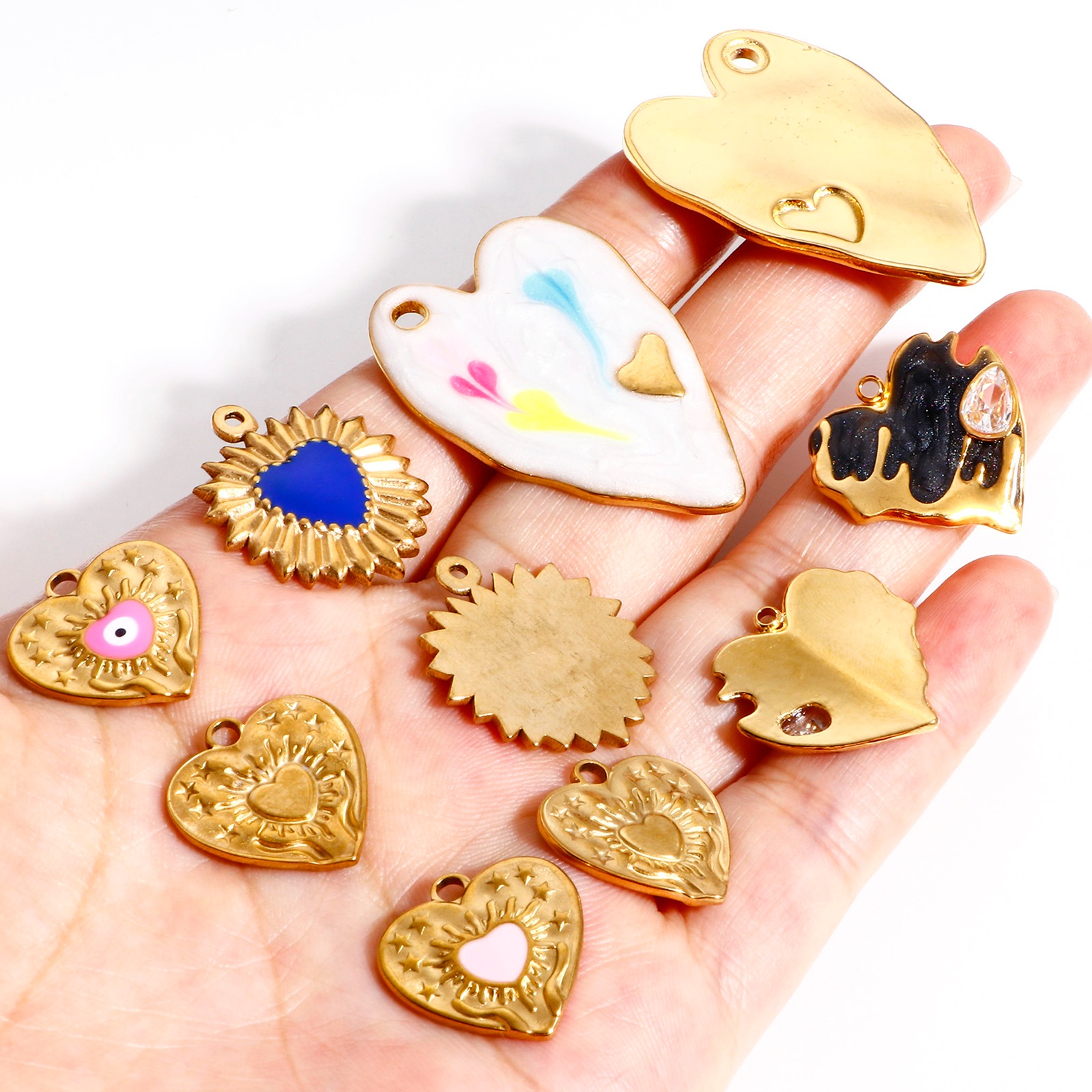 Image de Breloques en 304 Acier Inoxydable La Saint Valentin Cœur Doré Multicolore Œil Mauvais Émail 1 Pièce