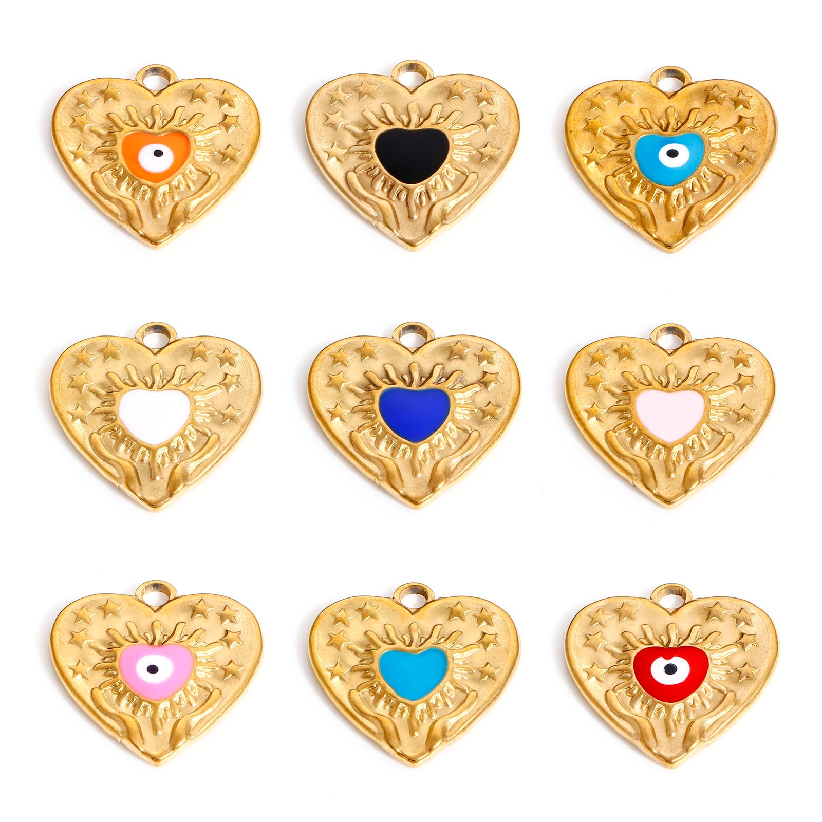 Image de Breloques en 304 Acier Inoxydable La Saint Valentin Cœur Doré Multicolore Œil Mauvais Émail 1 Pièce