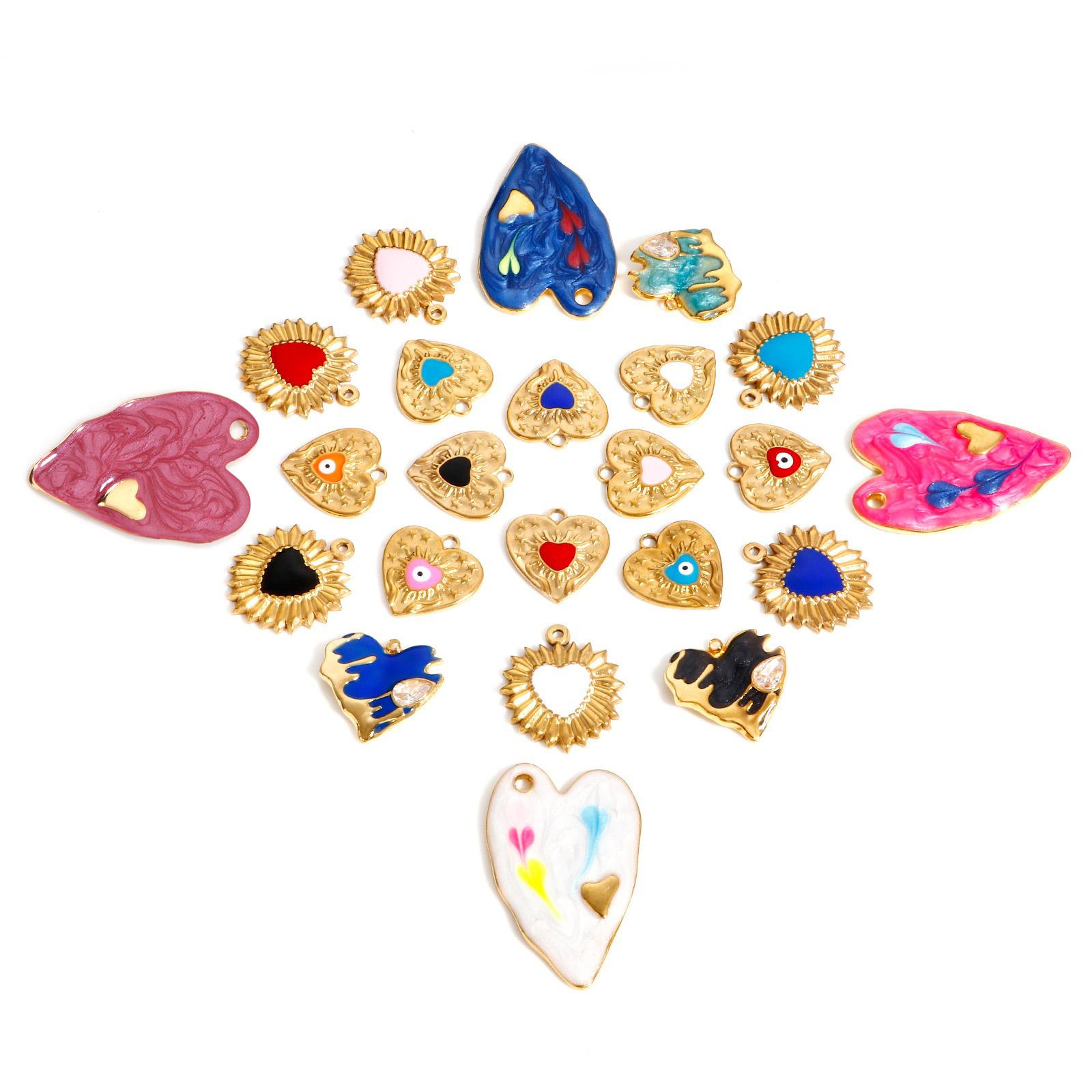 Image de Breloques en 304 Acier Inoxydable La Saint Valentin Cœur Doré Multicolore Œil Mauvais Émail 1 Pièce