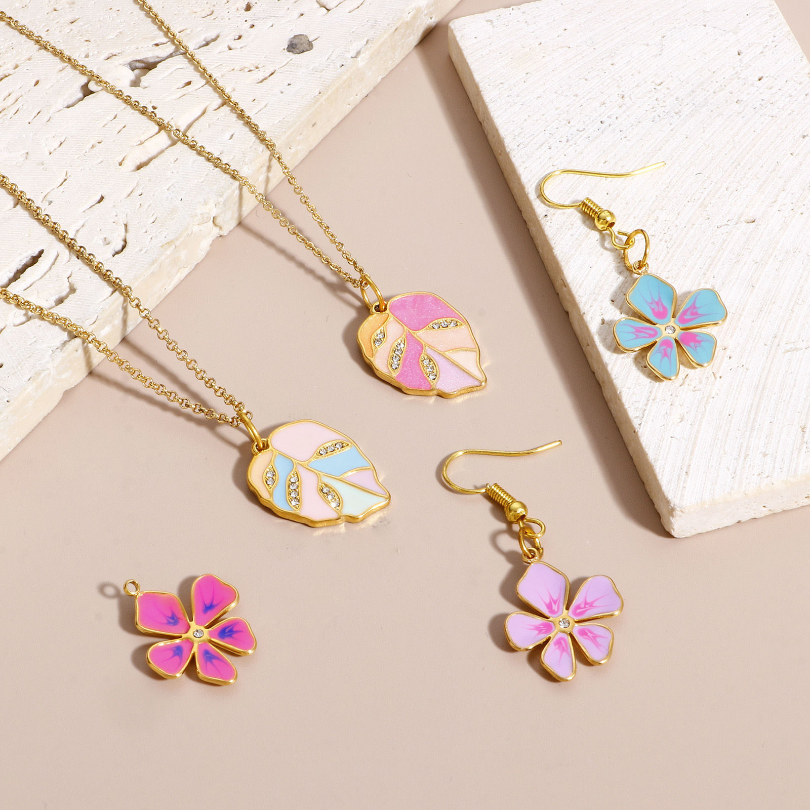 Picture of 304 Stainless Steel Pastoral Style Charms Gold Plated Multicolor Flower Leaf Enamel Clear Rhinestone