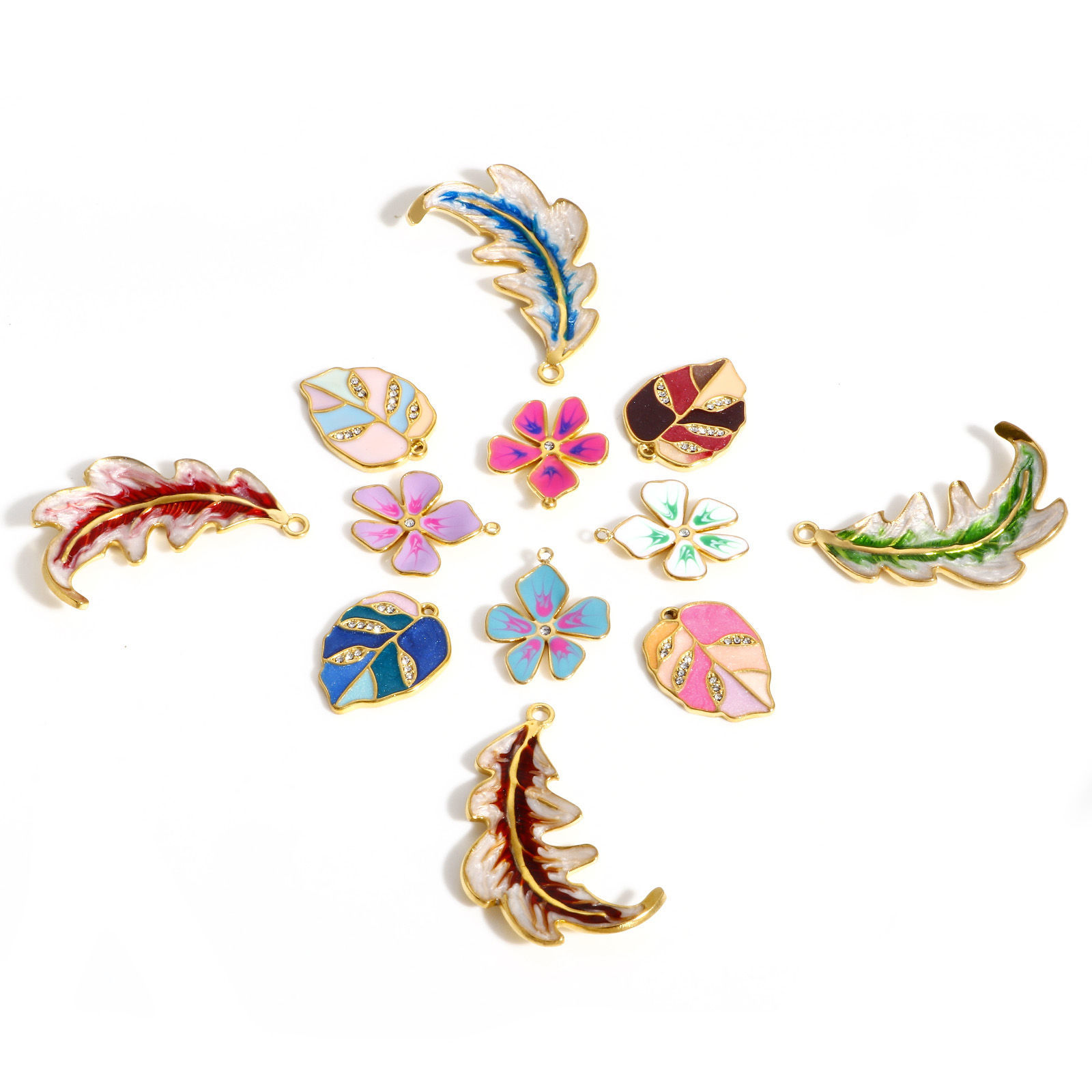 Picture of 304 Stainless Steel Pastoral Style Charms Gold Plated Multicolor Flower Leaf Enamel Clear Rhinestone