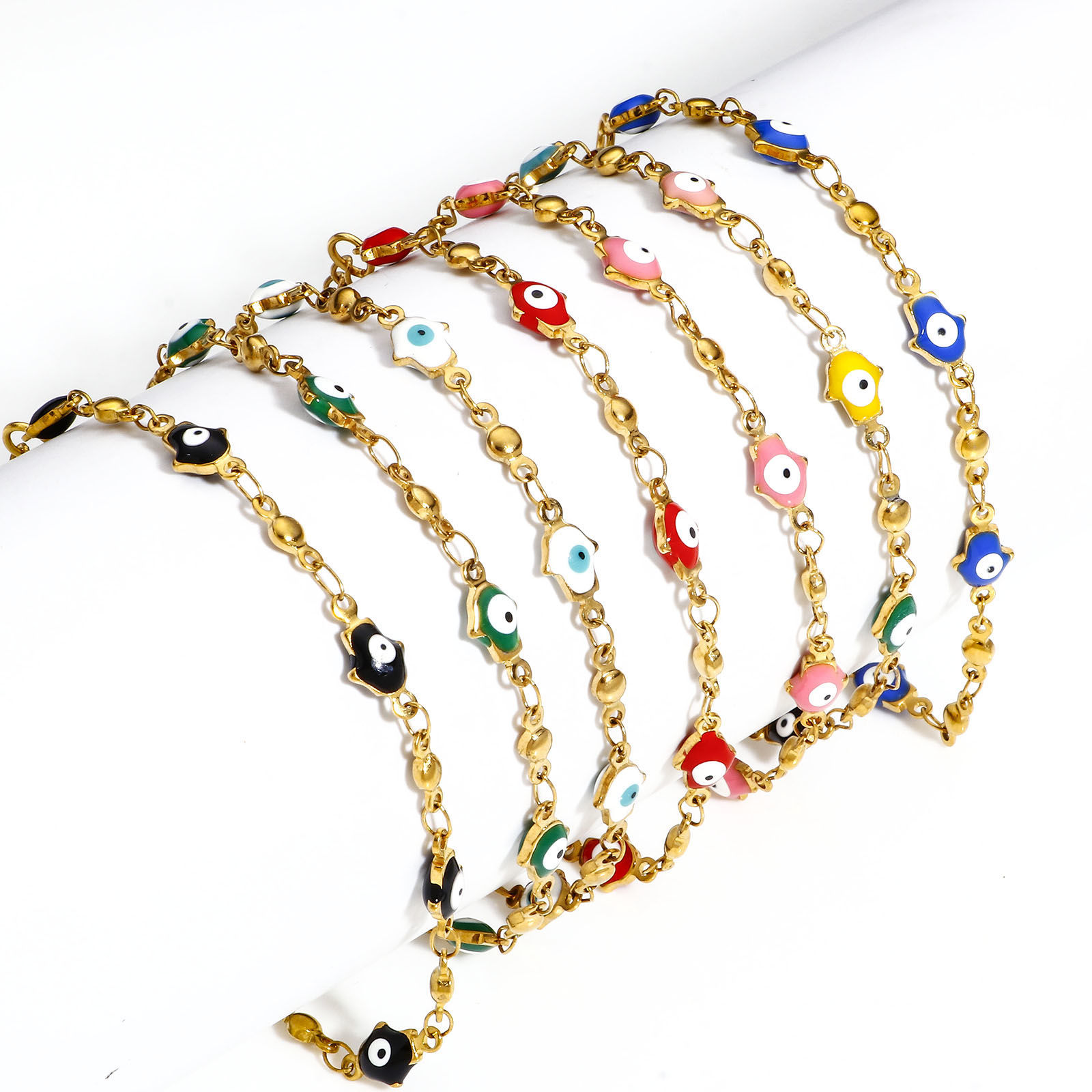 Bild von 304 Edelstahl Religiös Armband Vergoldet Hamsa Symbol Hand Böser Blick Evil Eye Doppelseitige Emaille 18cm lang, 1 Strang