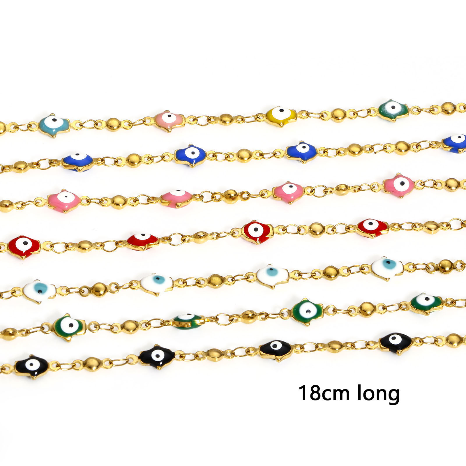 Bild von 304 Edelstahl Religiös Armband Vergoldet Hamsa Symbol Hand Böser Blick Evil Eye Doppelseitige Emaille 18cm lang, 1 Strang