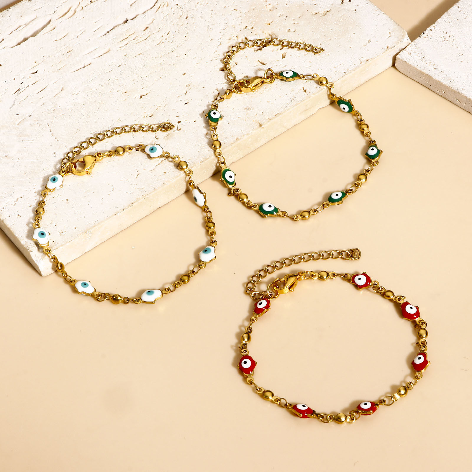 Bild von 304 Edelstahl Religiös Armband Vergoldet Hamsa Symbol Hand Böser Blick Evil Eye Doppelseitige Emaille 18cm lang, 1 Strang