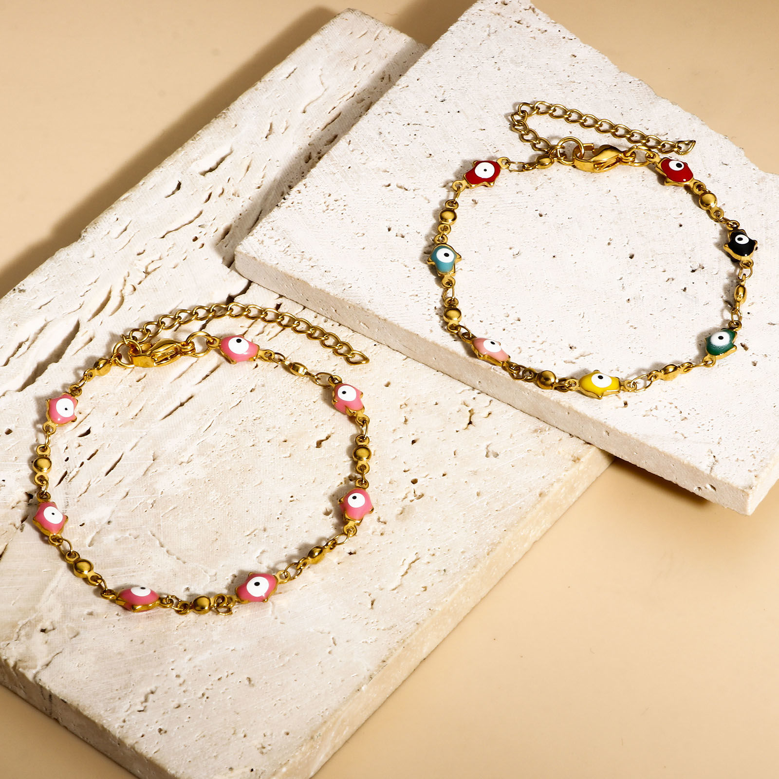 Bild von 304 Edelstahl Religiös Armband Vergoldet Hamsa Symbol Hand Böser Blick Evil Eye Doppelseitige Emaille 18cm lang, 1 Strang