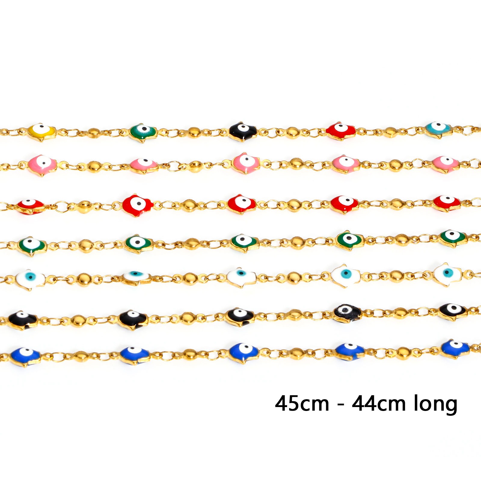 Picture of 304 Stainless Steel Religious Handmade Link Chain Necklace For DIY Jewelry Making Hamsa Symbol Hand Evil Eye Gold Plated Enamel 45cm(17 6/8") - 44cm(17 3/8") long