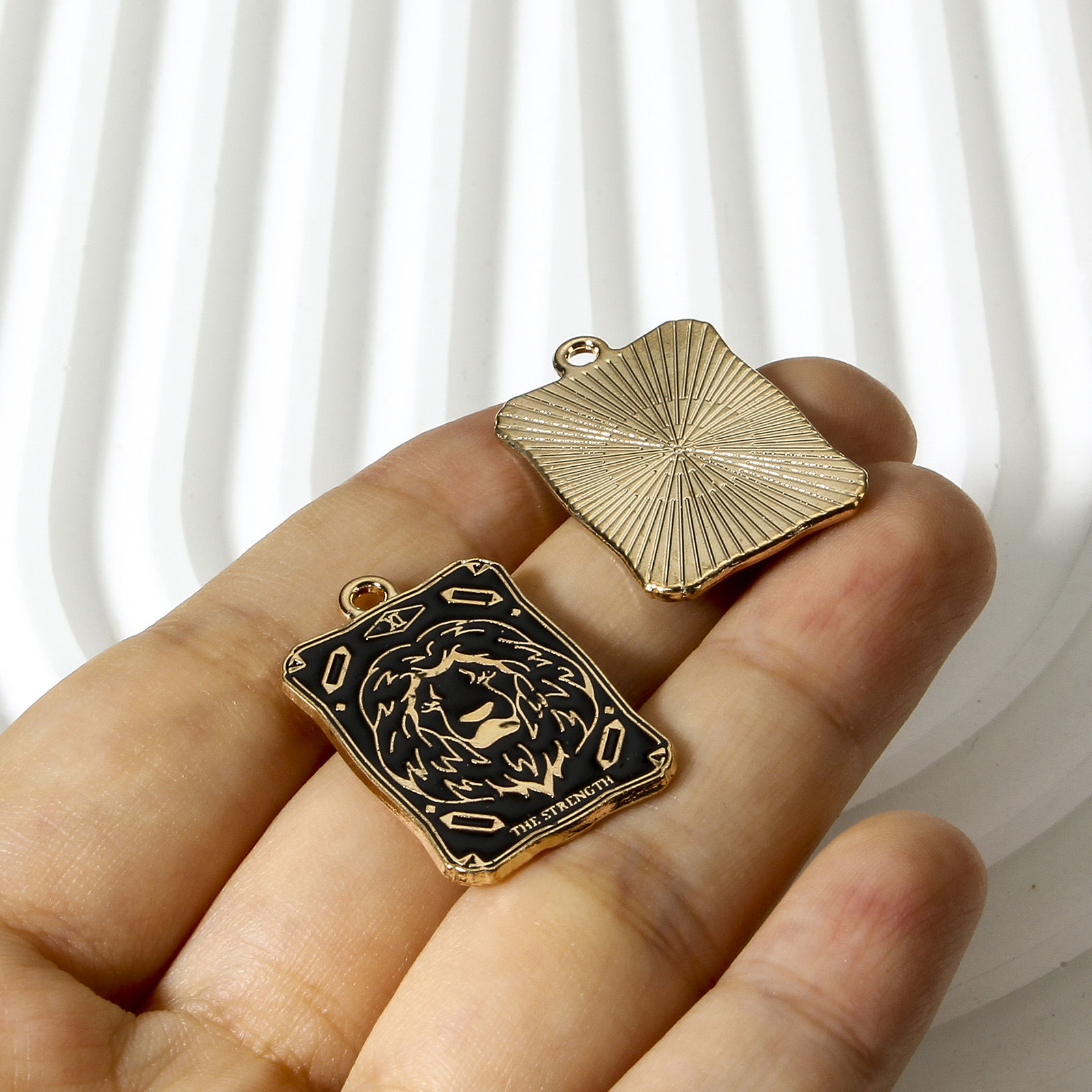 Picture of Zinc Based Alloy Tarot Charms Gold Plated Black Rectangle Enamel 28mm x 18mm