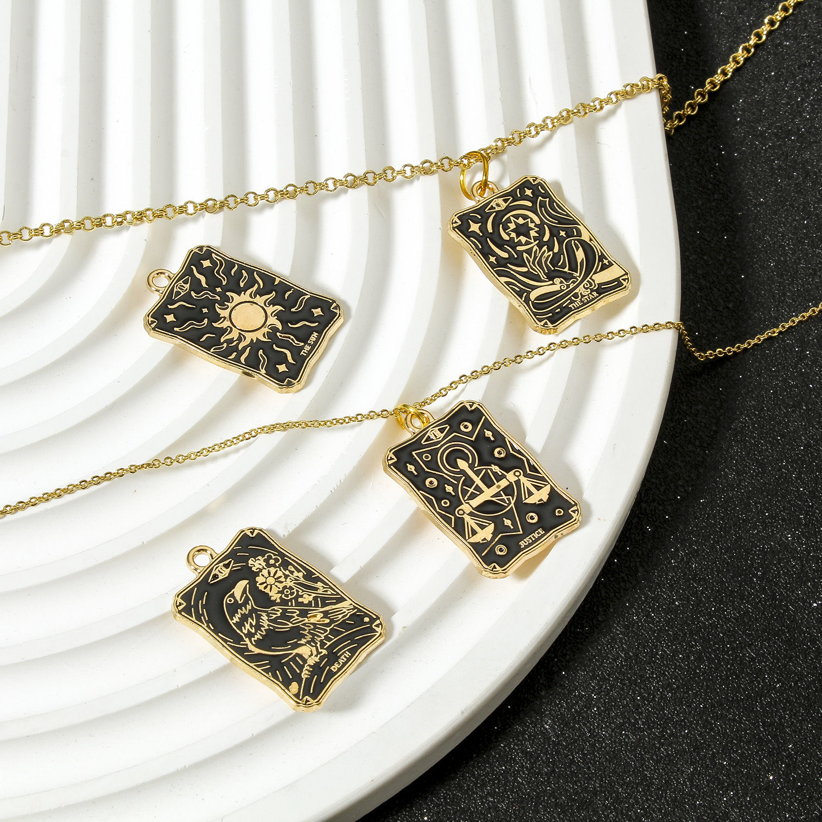 Picture of Zinc Based Alloy Tarot Charms Gold Plated Black Rectangle Enamel 28mm x 18mm