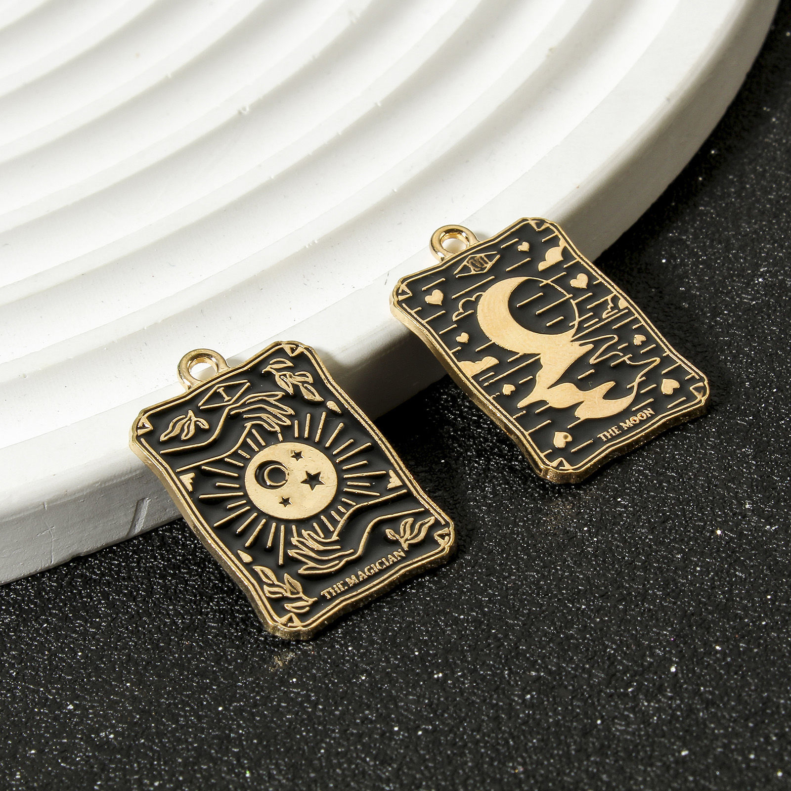 Picture of Zinc Based Alloy Tarot Charms Gold Plated Black Rectangle Enamel 28mm x 18mm