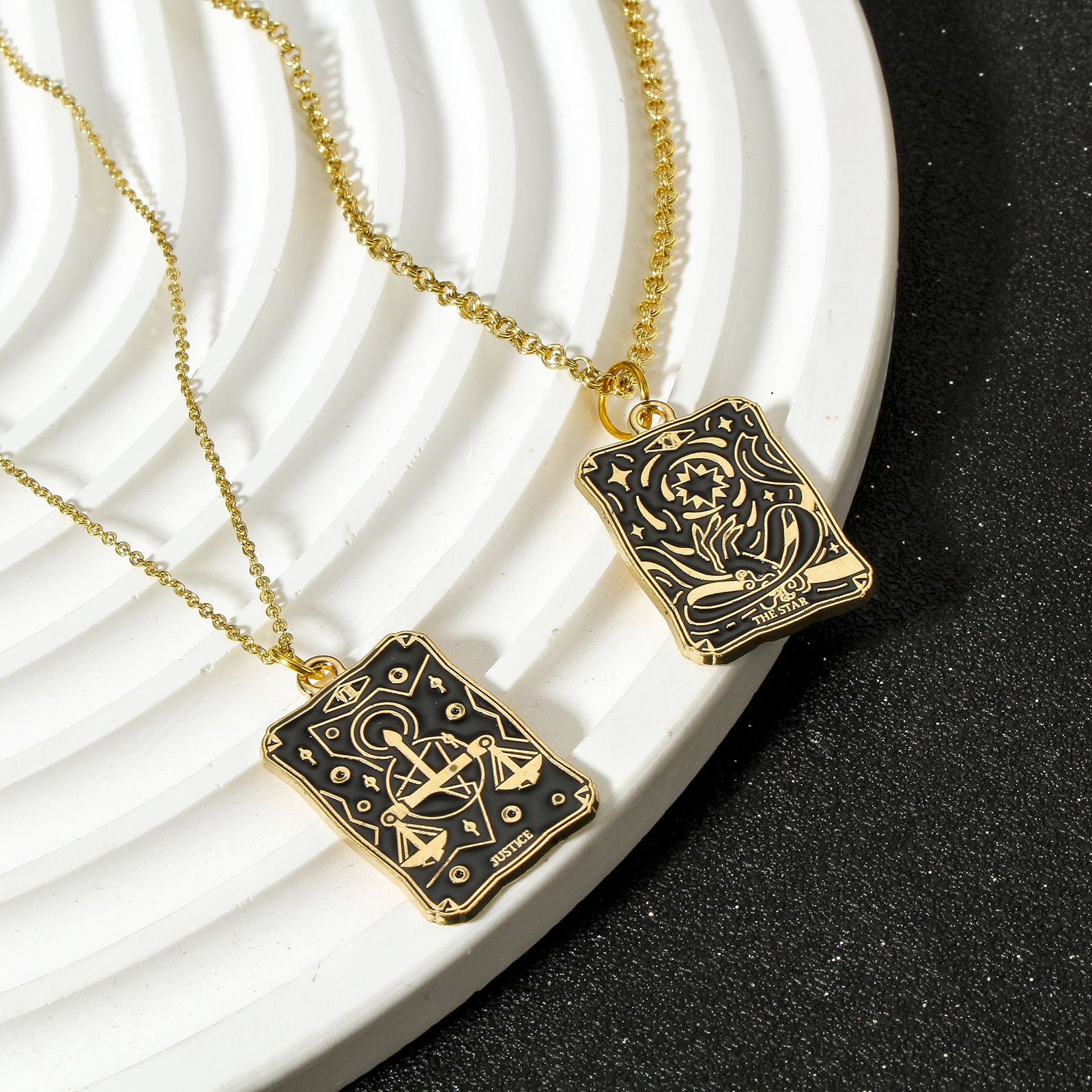 Picture of Zinc Based Alloy Tarot Charms Gold Plated Black Rectangle Enamel 28mm x 18mm