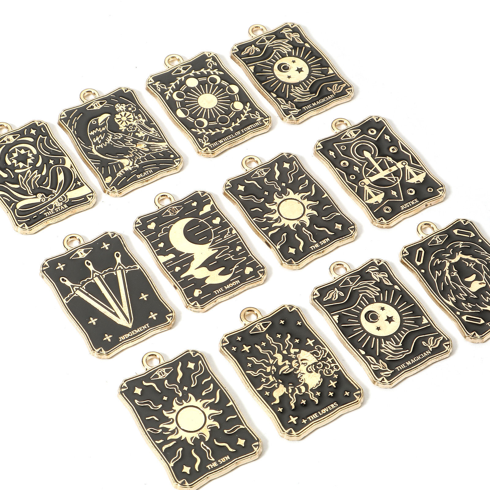 Picture of Zinc Based Alloy Tarot Charms Gold Plated Black Rectangle Enamel 28mm x 18mm