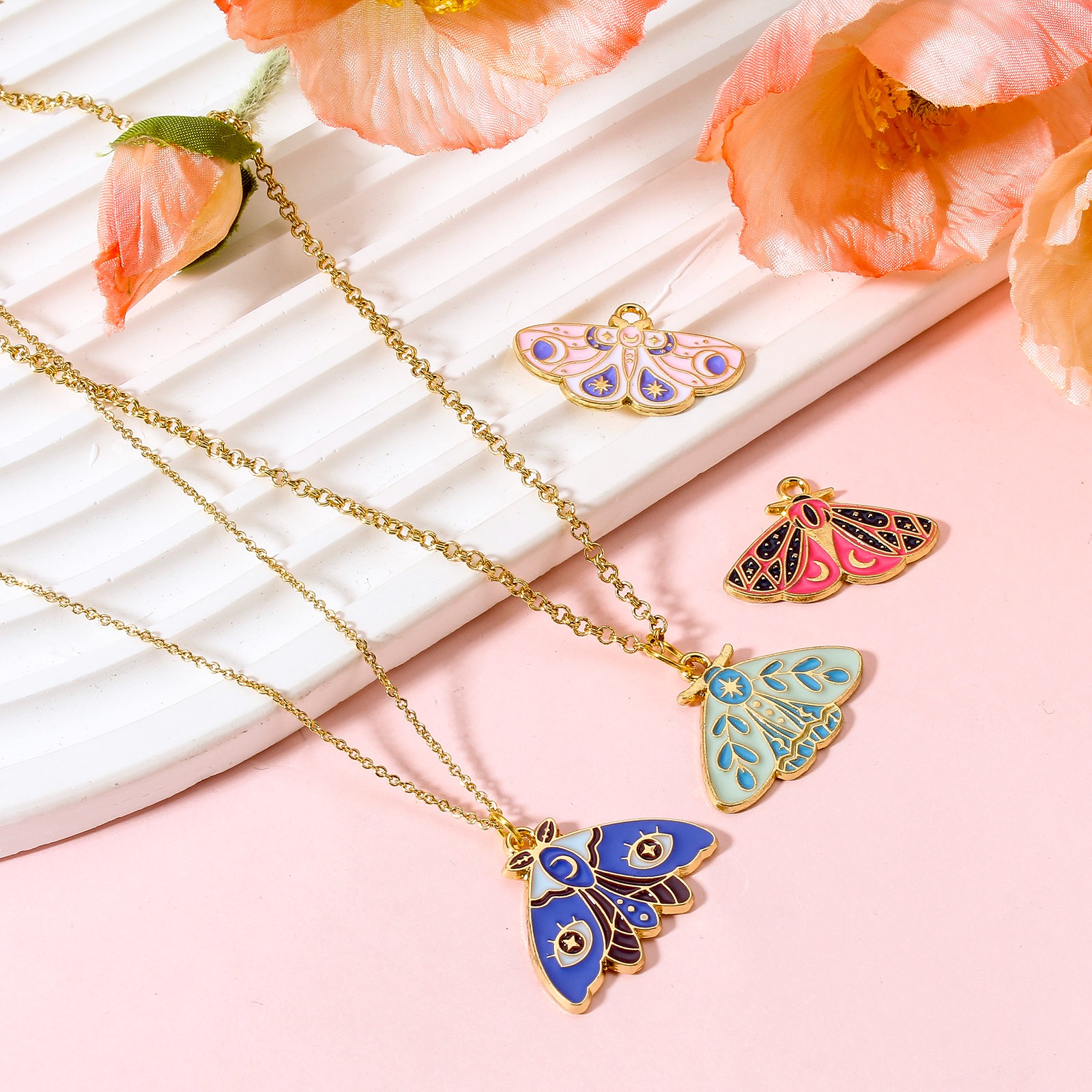 Picture of Zinc Based Alloy Insect Charms Gold Plated Multicolor Moth Sun & Moon Enamel