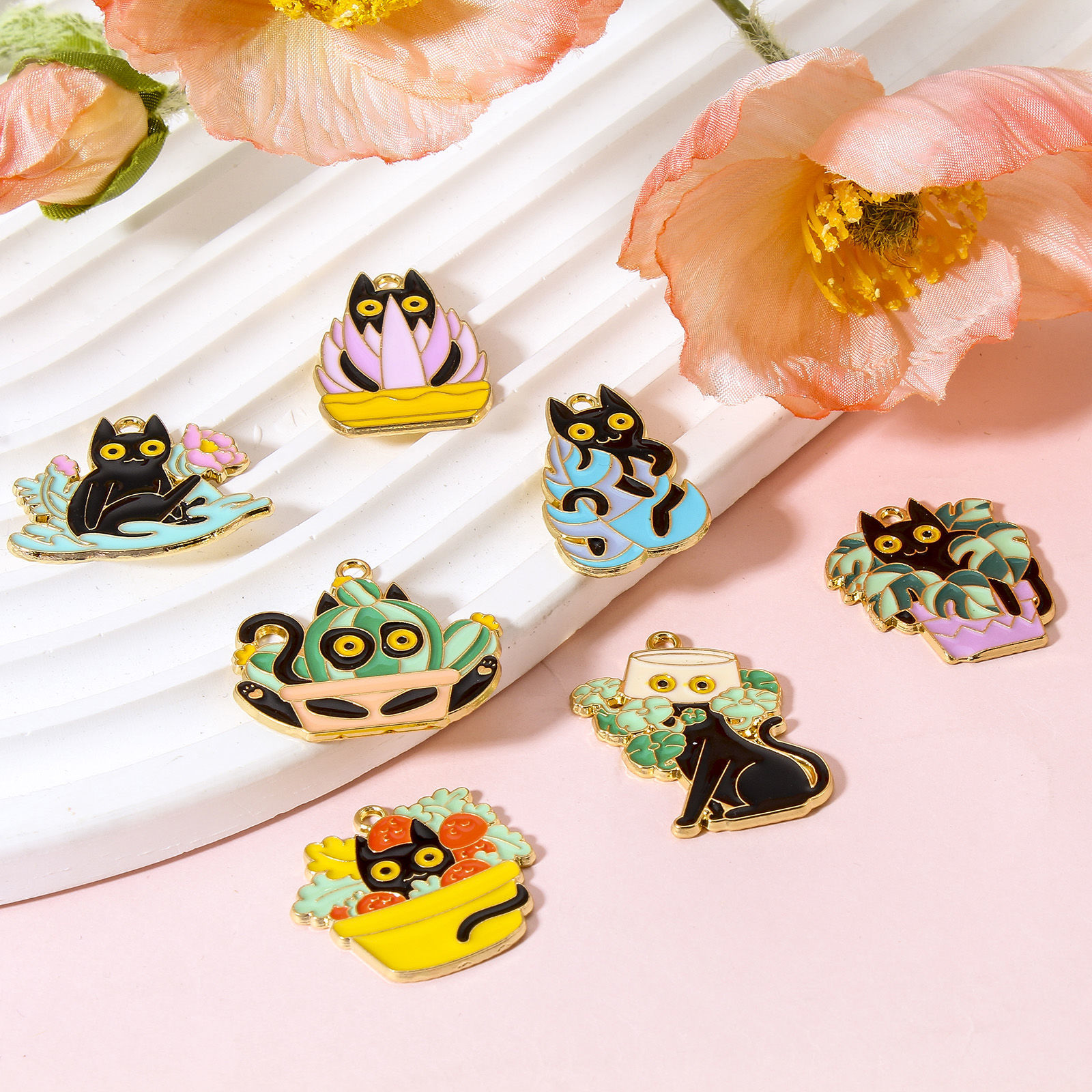 Picture of Zinc Based Alloy Charms Gold Plated Multicolor Flowerpot Cat Enamel