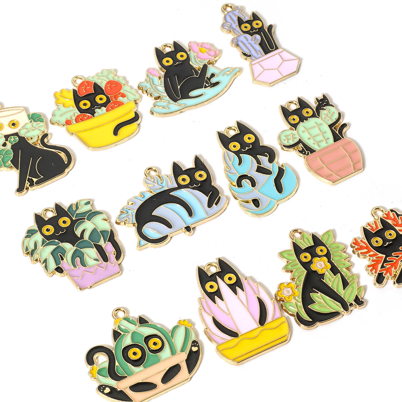 Picture of Zinc Based Alloy Charms Gold Plated Multicolor Flowerpot Cat Enamel