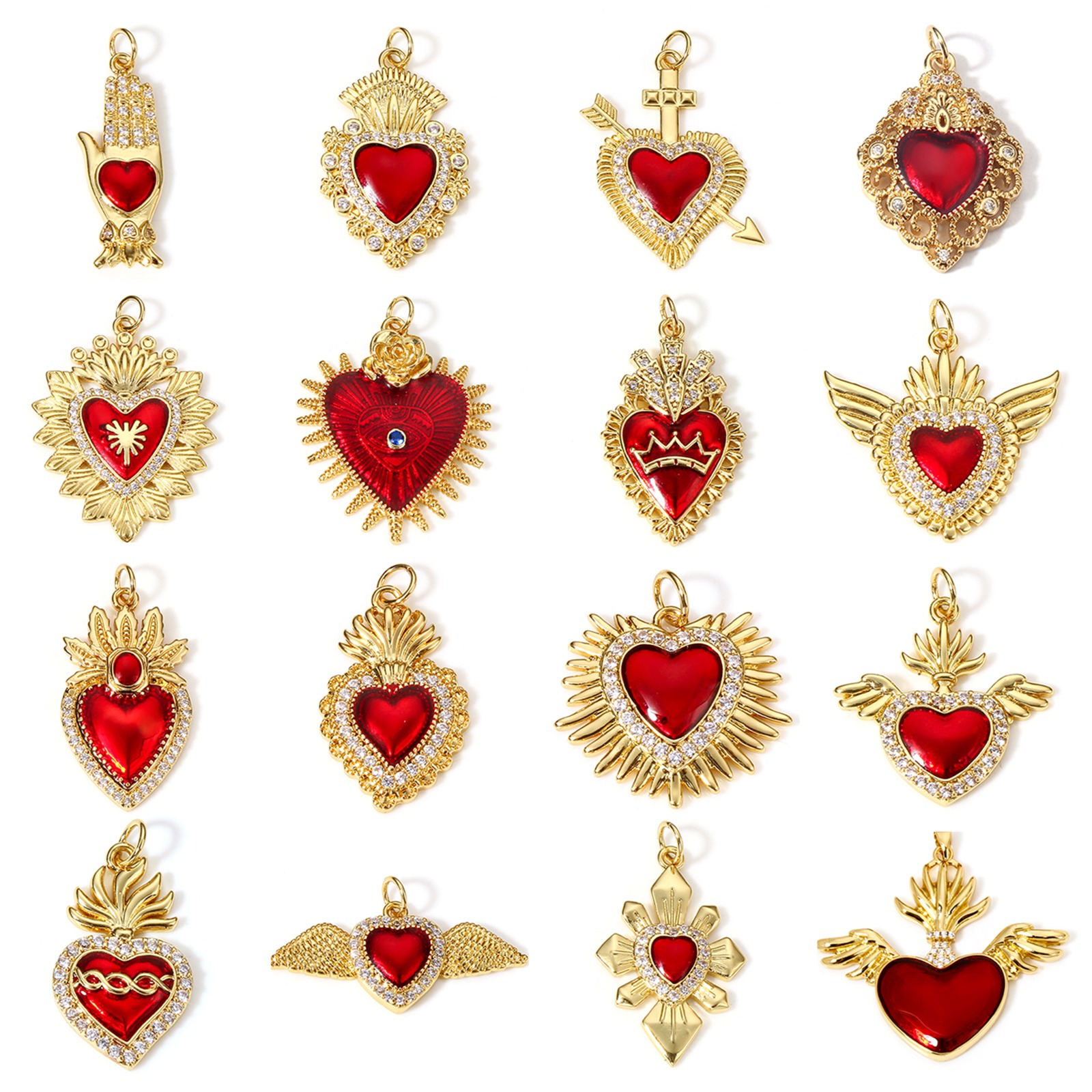 Imagen de 1 Unidad Latón Religión Colgantes 18K Oro Real Chapado Rojo Corazón Exvoto Esmalte Claro Circón Artificial