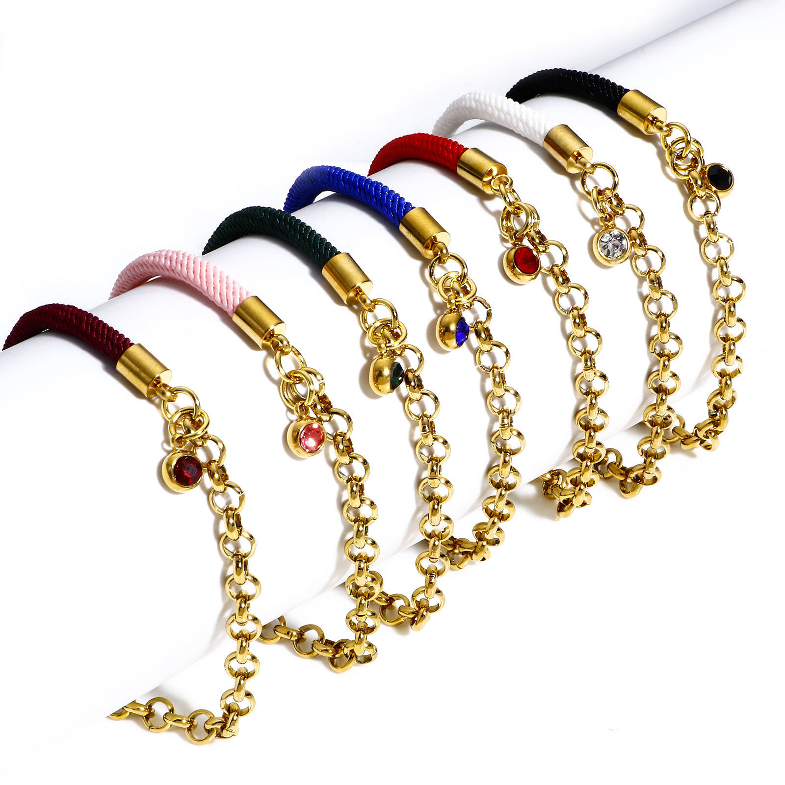 Picture of 304 Stainless Steel Splicing Rolo Chain Braided Bracelets Gold Plated Multicolor 17cm(6 6/8") long