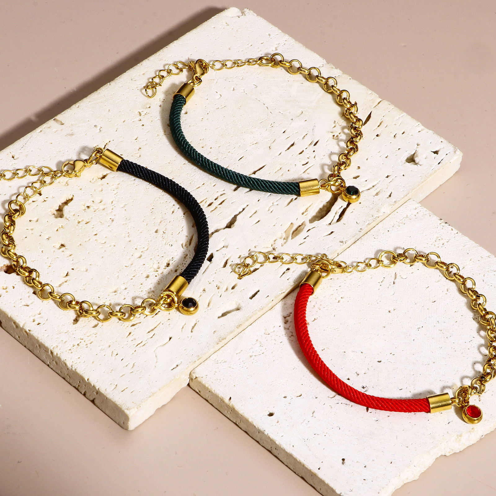 Picture of 304 Stainless Steel Splicing Rolo Chain Braided Bracelets Gold Plated Multicolor 17cm(6 6/8") long