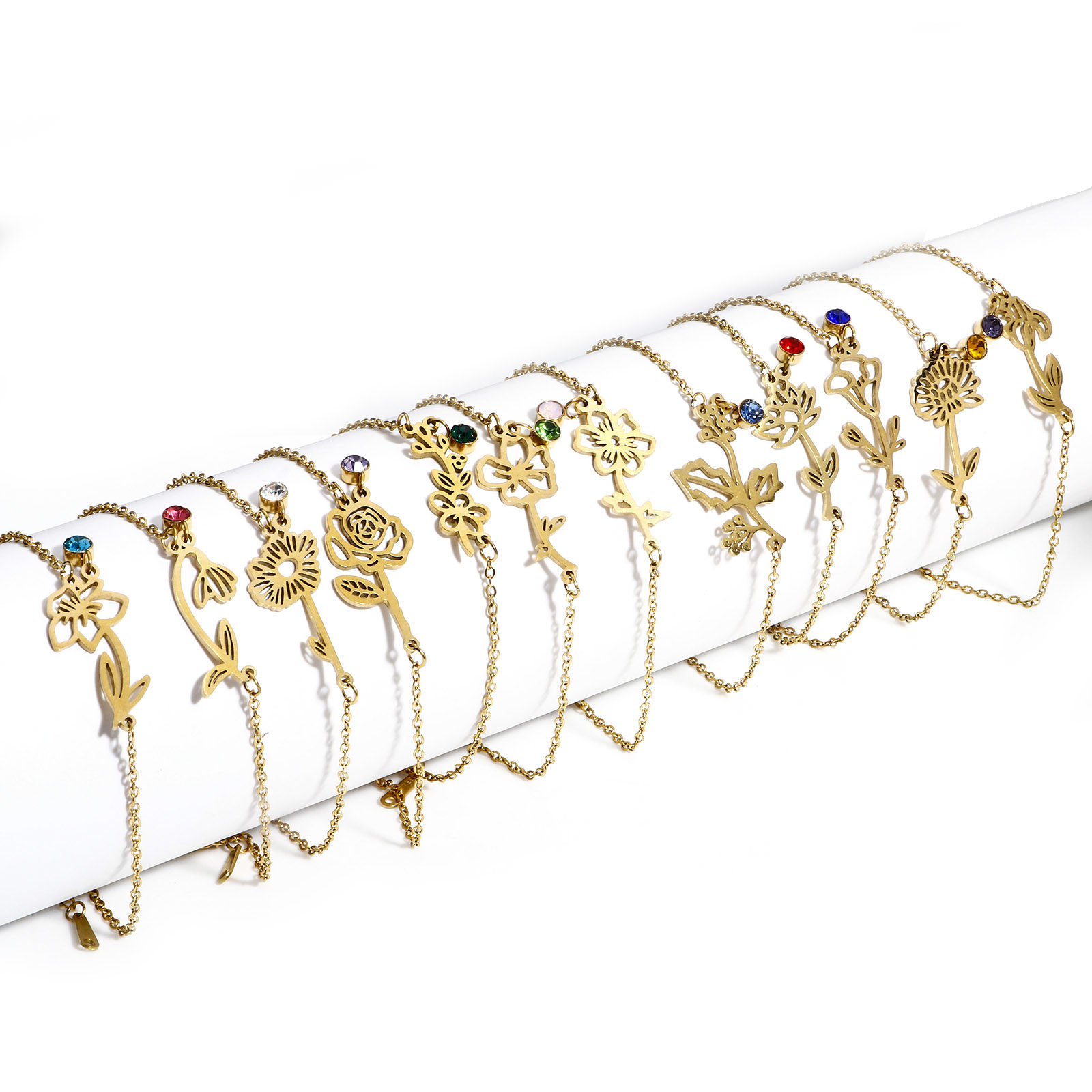 Imagen de 1 Unidad 304 Acero Inoxidable Flor del Mes de Nacimiento Cable Cadena Cruz Pulseras Chapado en Oro de 18K Multicolor Rhinestone 16cm longitud