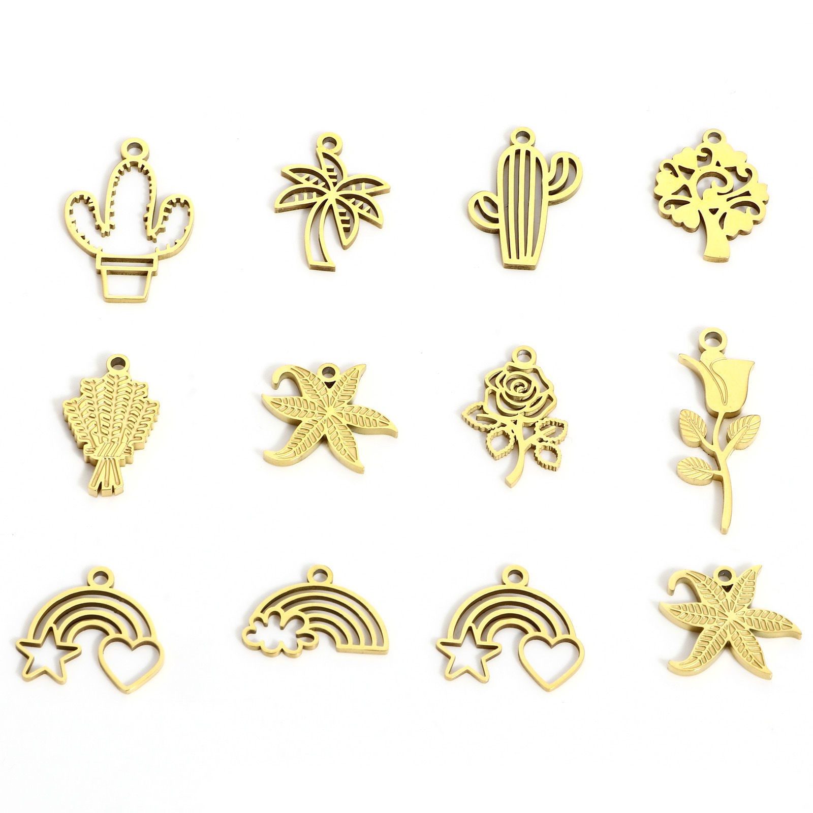Picture of 316L Stainless Steel Pastoral Style Charms 18K Real Gold Plated Cactus Hollow