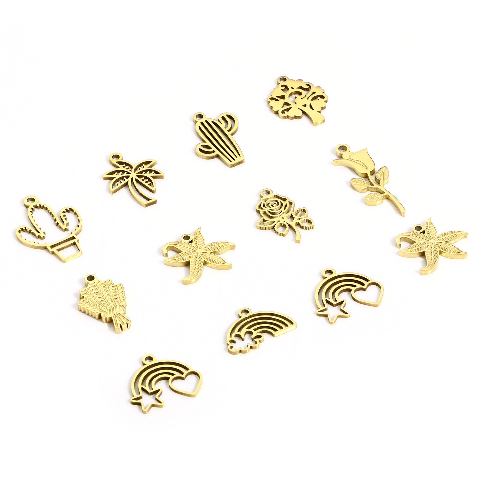 Picture of 316L Stainless Steel Pastoral Style Charms 18K Real Gold Plated Cactus Hollow