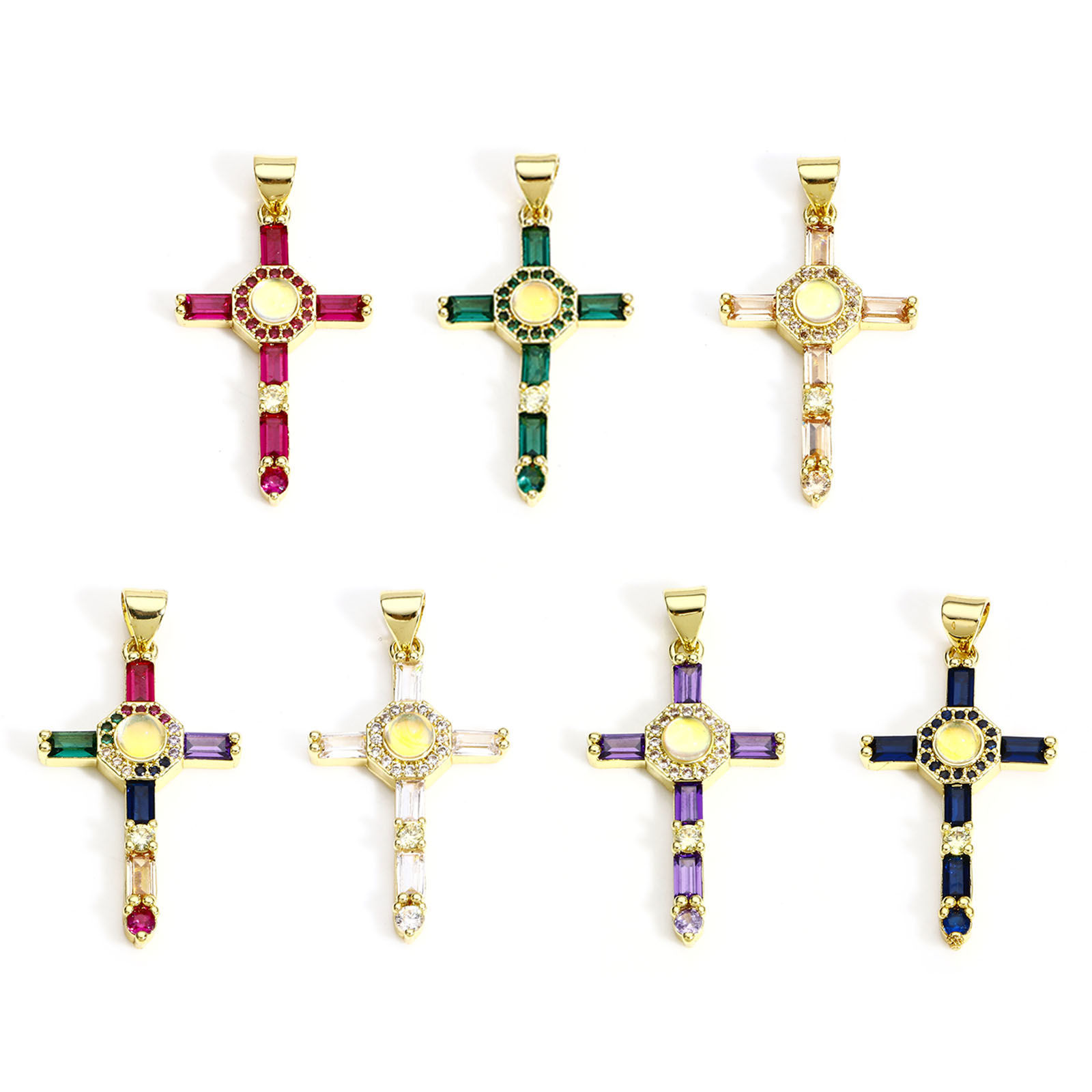 Picture of Brass Religious Pendants 18K Real Gold Plated Cross Micro Pave Multicolour Cubic Zirconia 3.5cm x 1.8cm
