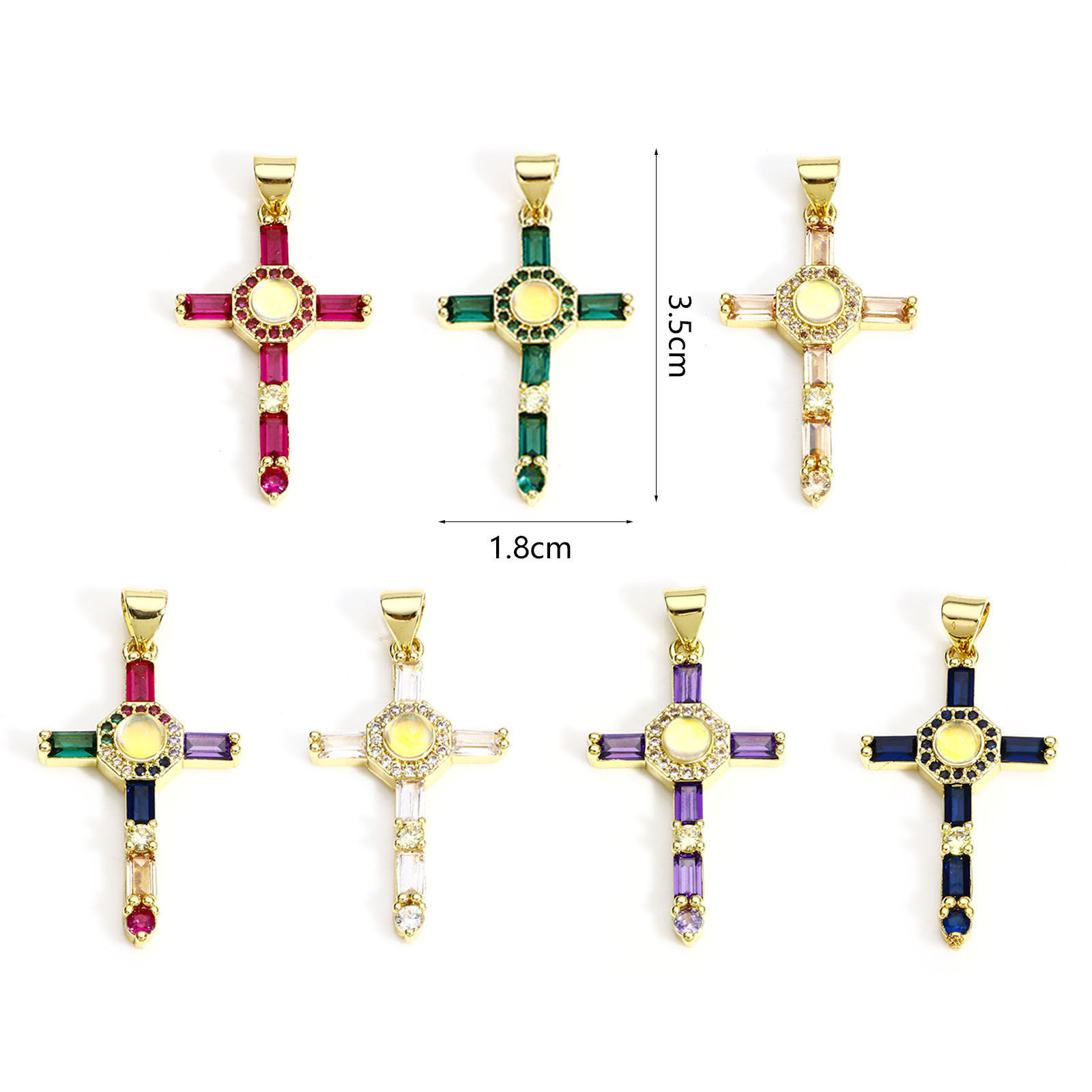 Picture of Brass Religious Pendants 18K Real Gold Plated Cross Micro Pave Multicolour Cubic Zirconia 3.5cm x 1.8cm