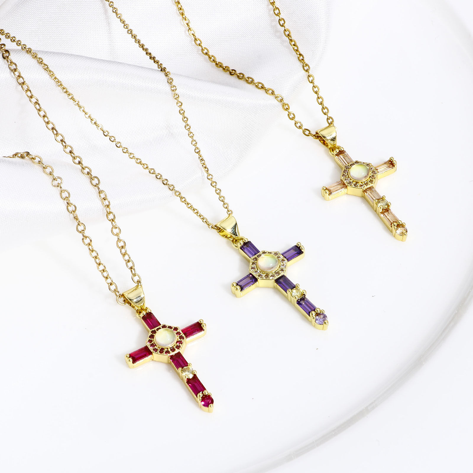Picture of Brass Religious Pendants 18K Real Gold Plated Cross Micro Pave Multicolour Cubic Zirconia 3.5cm x 1.8cm