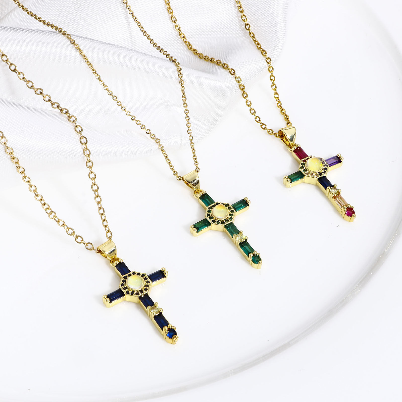 Picture of Brass Religious Pendants 18K Real Gold Plated Cross Micro Pave Multicolour Cubic Zirconia 3.5cm x 1.8cm